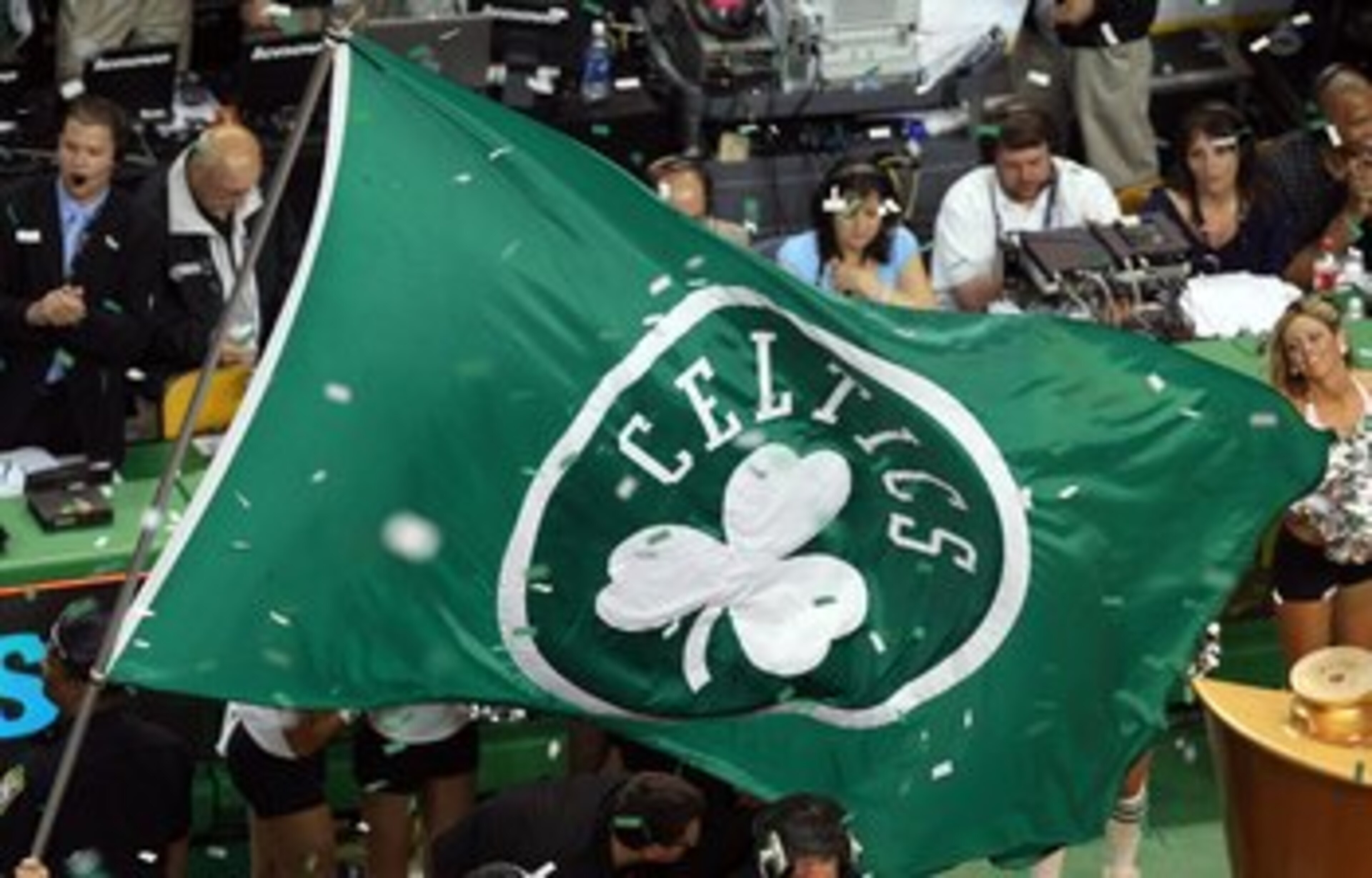 BOSTON - JUNE 17:  A Boston Celtics flag is on the court after the Celtics defeated the Los Angeles Lakers in Game Six of the 2008 NBA Finals on June 17, 2008 at TD Banknorth Garden in Boston, Massachusetts. NOTE TO USER: User expressly acknowledges and a