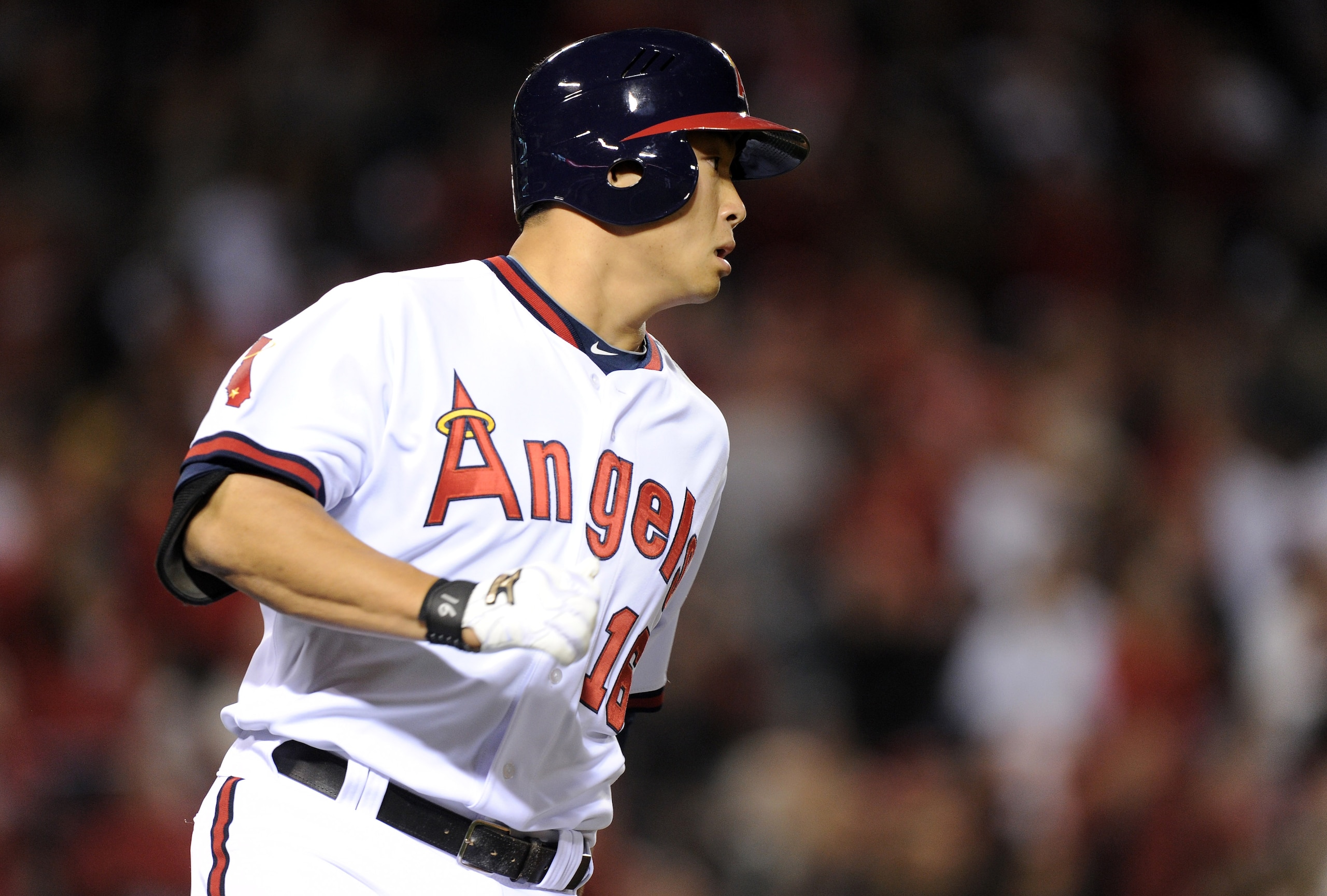 ANAHEIM, CA - APRIL 22:  Hank Conger #16 of the Los Angeles Angels heads to first base against the Boston Red Sox at Angel Stadium on April 22, 2011 in Anaheim, California.  (Photo by Harry How/Getty Images)