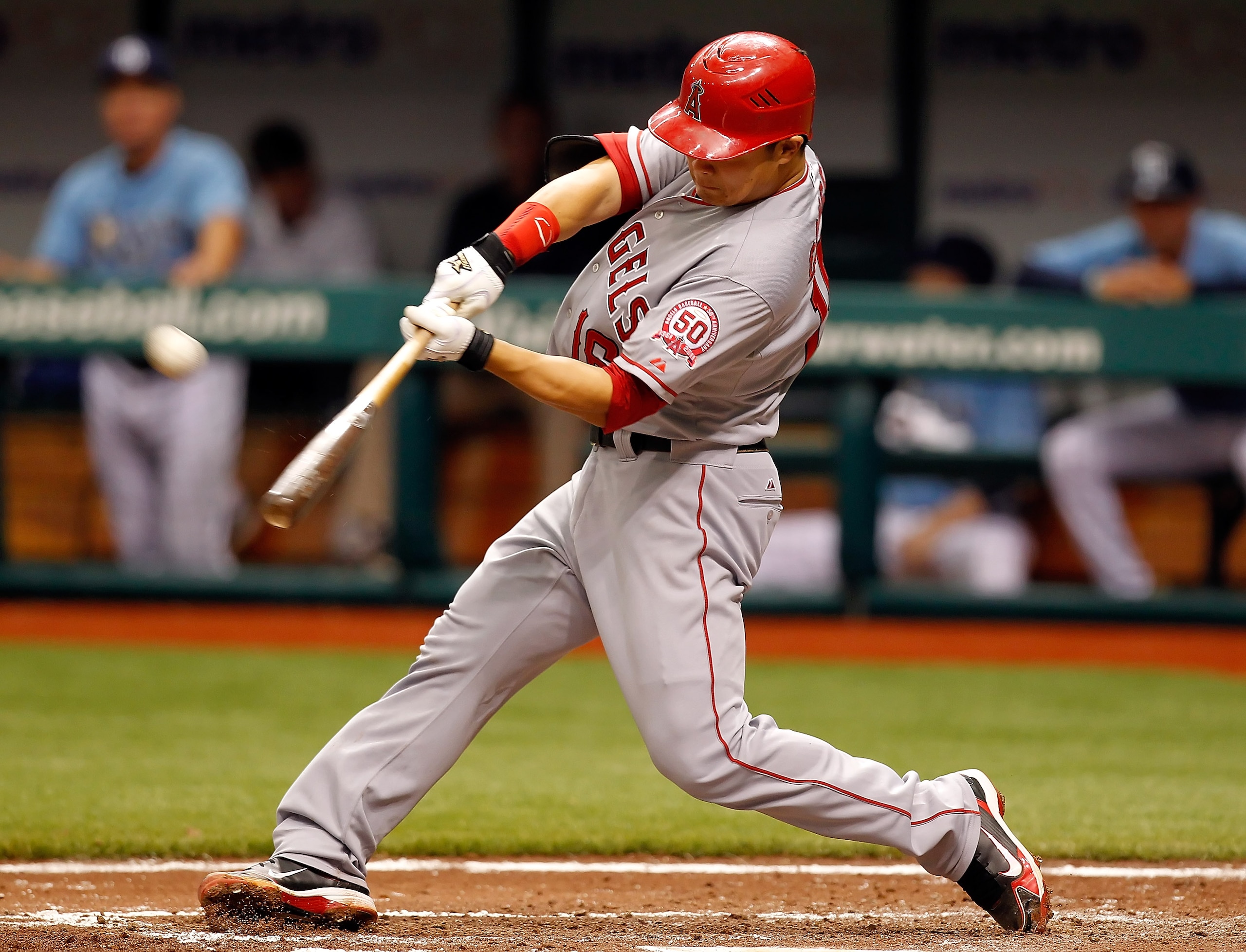 ST. PETERSBURG, FL - MAY 01:  Catcher Hank Conger #16 of the Los Angeles Angels of Anaheim hits a solo home run against the Tampa Bay Rays during the game at Tropicana Field on May 1, 2011 in St. Petersburg, Florida.  (Photo by J. Meric/Getty Images)