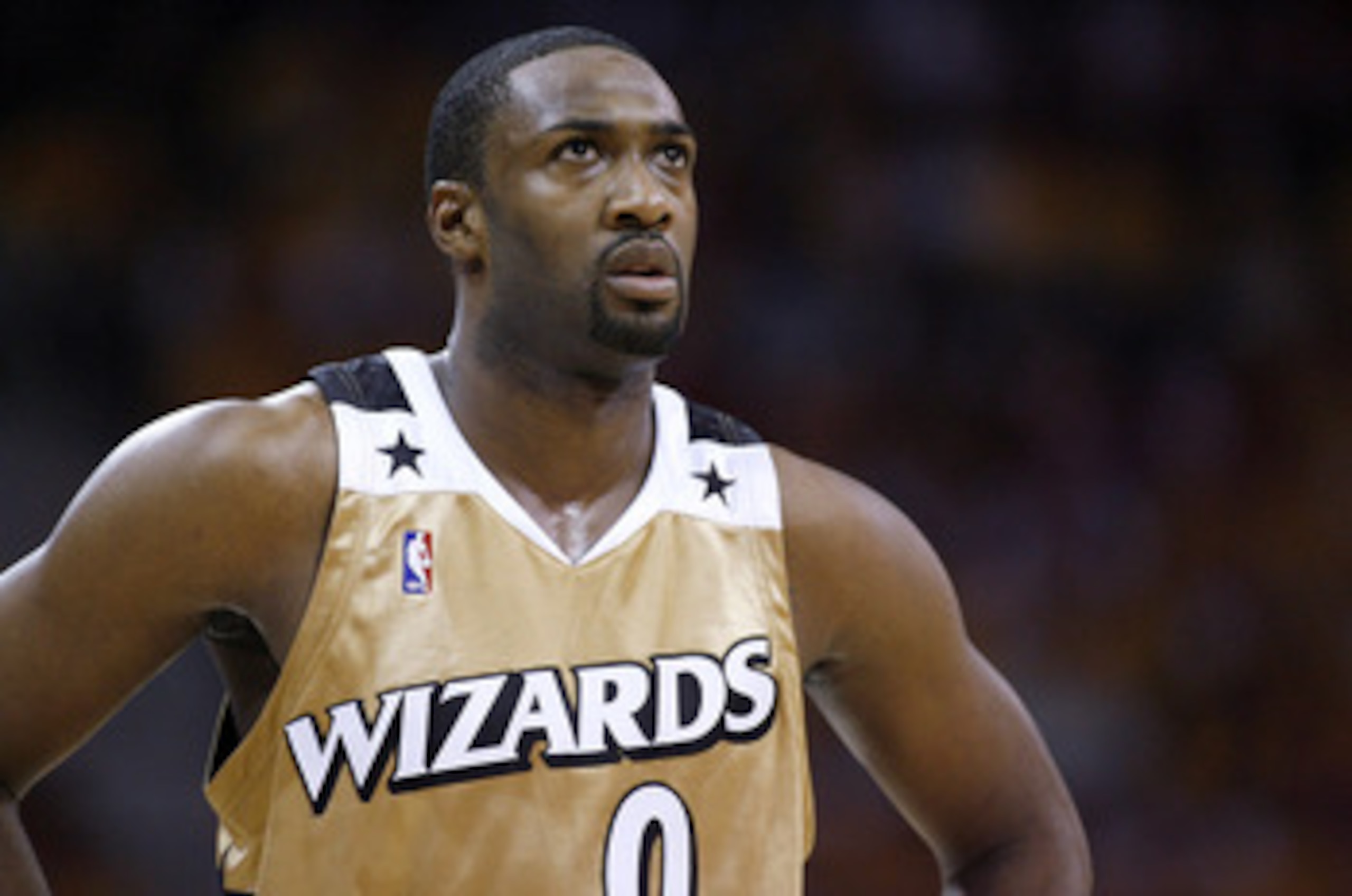 CLEVELAND - APRIL 19:  Gilbert Arenas #0 of the Washington Wizards looks on  while playing the Cleveland Cavaliers in Game One of the Eastern Conference Quarterfinals during the 2008 NBA Playoffs at Quicken Loans Arena on April 19, 2008 in Cleveland, Ohio