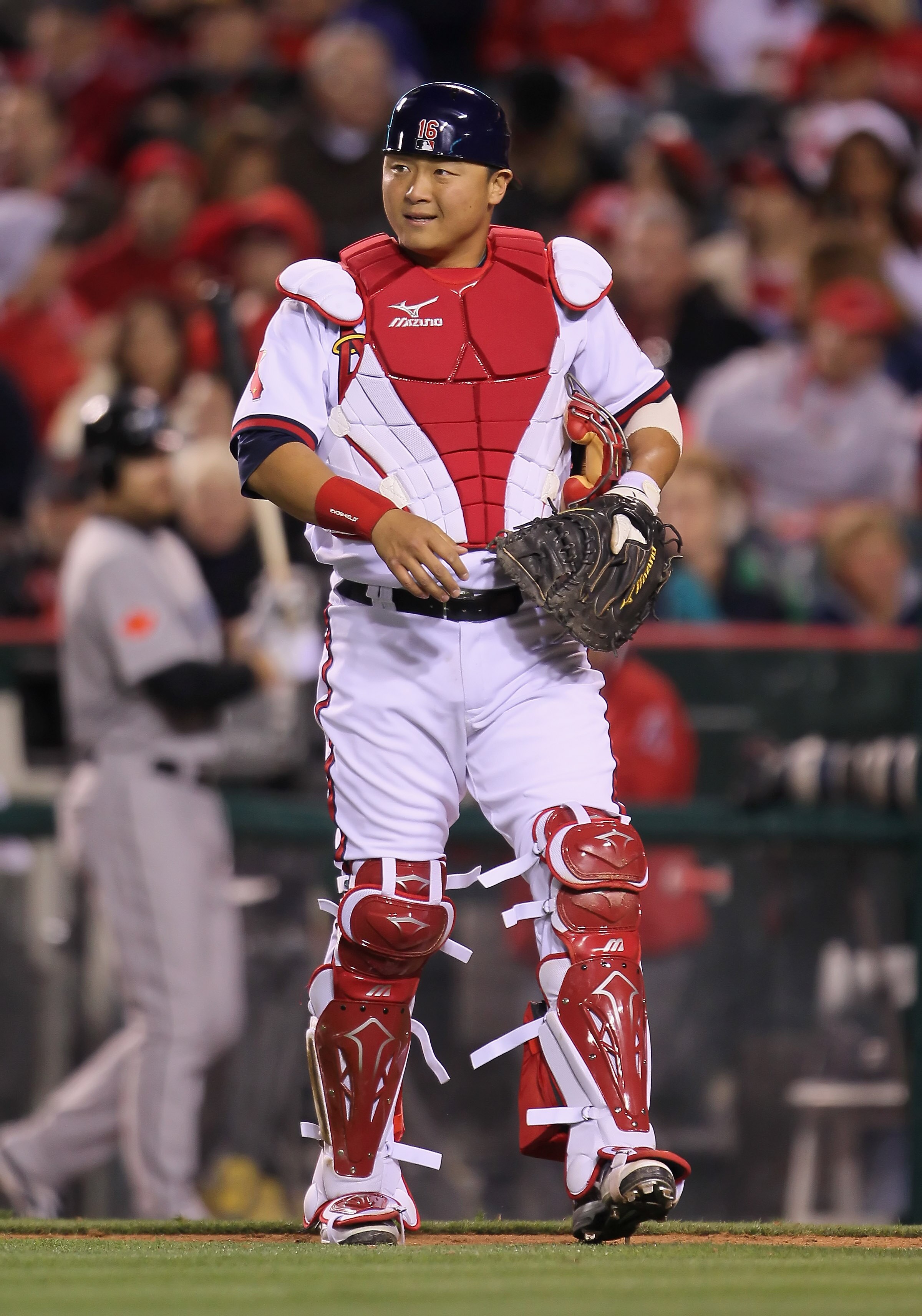 ANAHEIM, CA - APRIL 08:  Hank Conger #16 of the Los Angeles Angels of Anaheim looks on against the Toronto Blue Jays at Angel Stadium of Anaheim on April 8, 2011 in Anaheim, California.  (Photo by Jeff Gross/Getty Images)