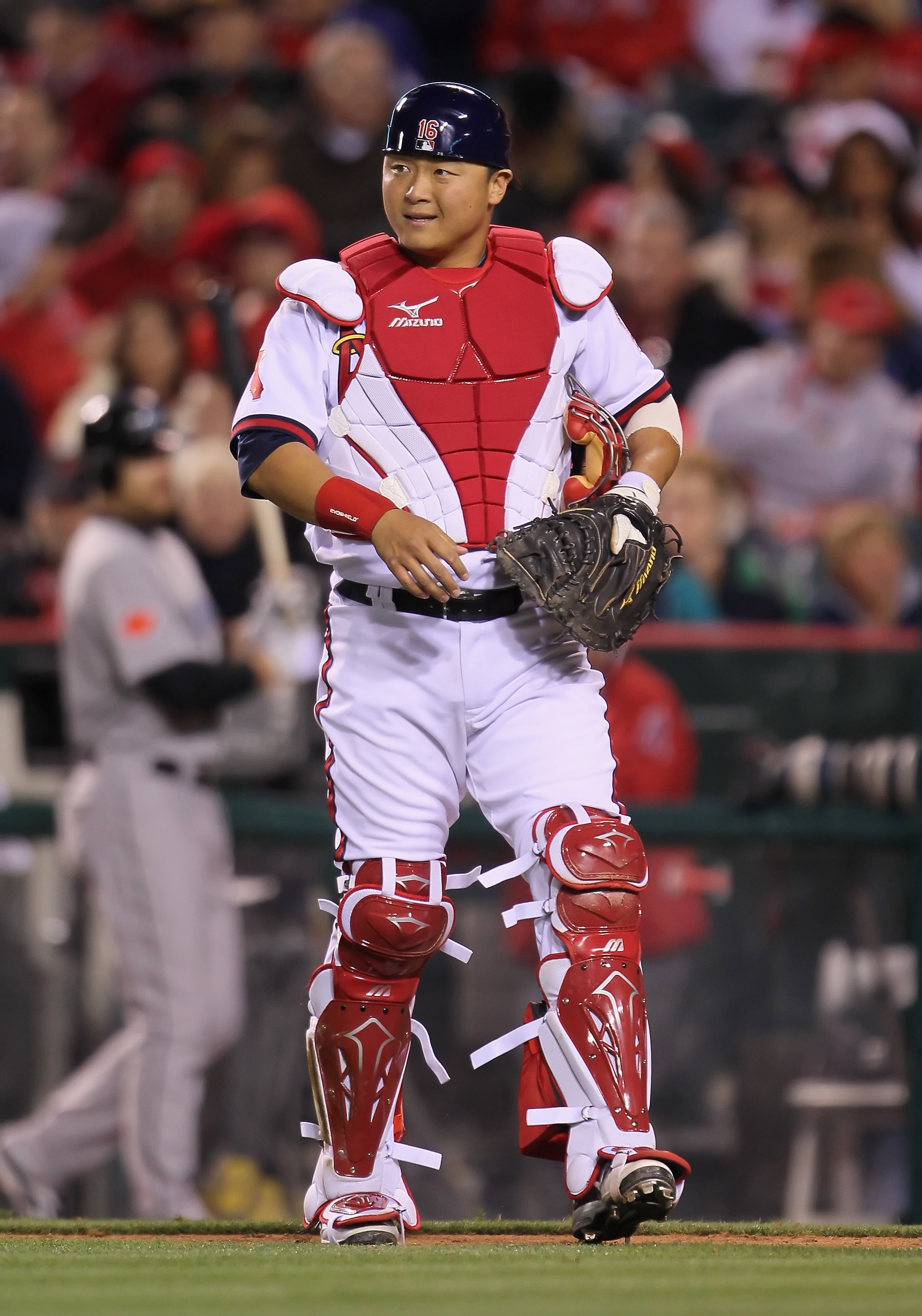ANAHEIM, CA - APRIL 08:  Hank Conger #16 of the Los Angeles Angels of Anaheim looks on against the Toronto Blue Jays at Angel Stadium of Anaheim on April 8, 2011 in Anaheim, California.  (Photo by Jeff Gross/Getty Images)