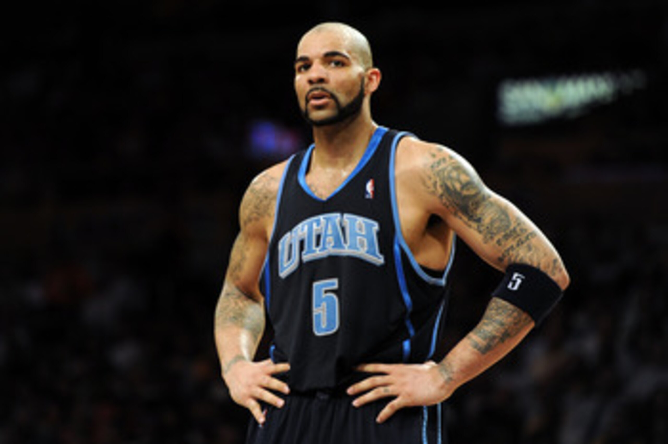 LOS ANGELES, CA - MAY 04:  Carlos Boozer #5 of the Utah Jazz looks on in the first half while taking on the Los Angeles Lakers during Game Two of the Western Conference Semifinals of the 2010 NBA Playoffs at Staples Center on May 4, 2010 in Los Angeles, C