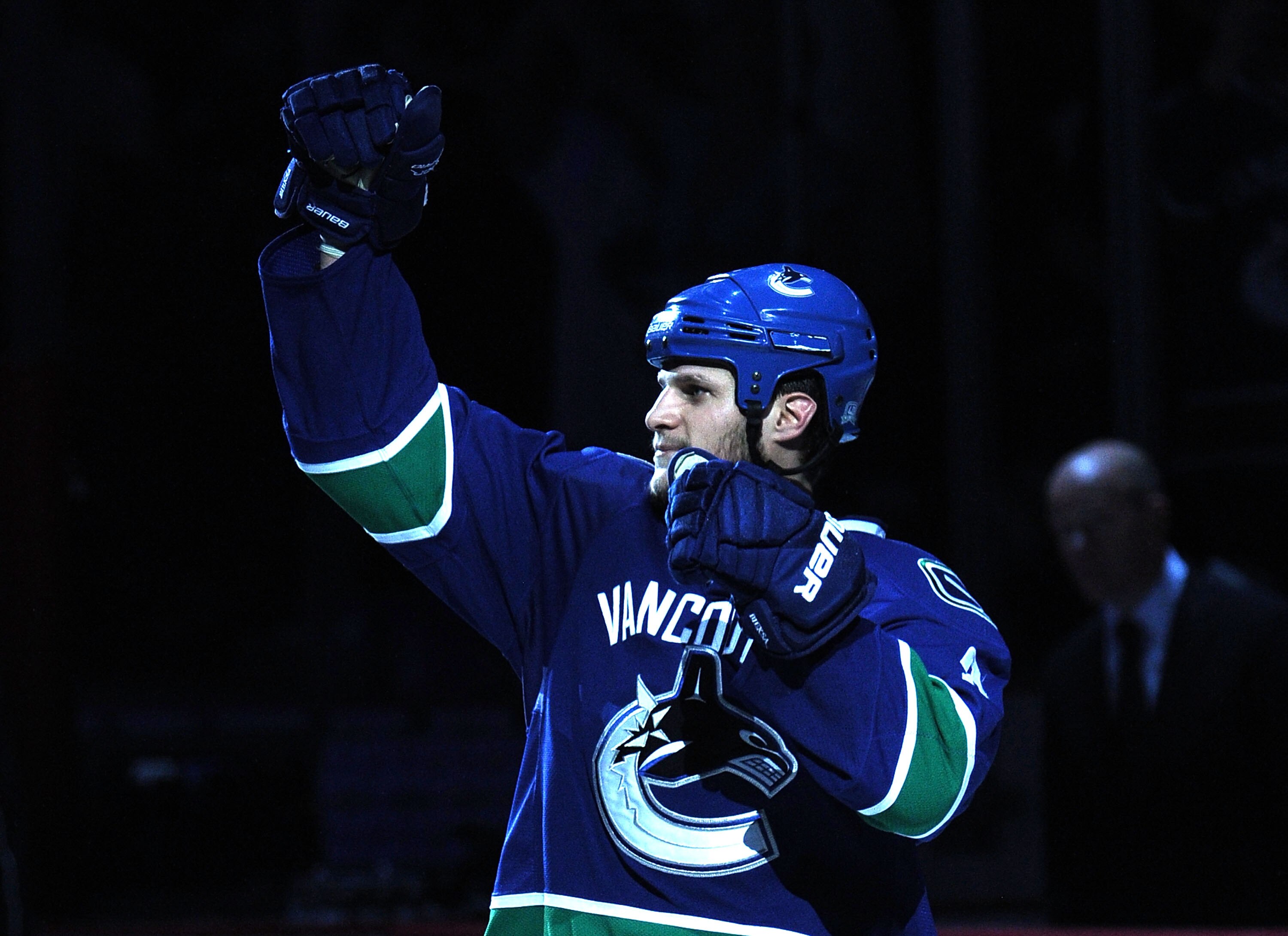 VANCOUVER, CANADA - MAY 18:  Kevin Bieksa #3 of the Vancouver Canucks acknowledges the fans after Game Two of the Western Conference Finals against the San Jose Sharks during the 2011 Stanley Cup Playoffs at Rogers Arena on May 18, 2011 in Vancouver, Brit