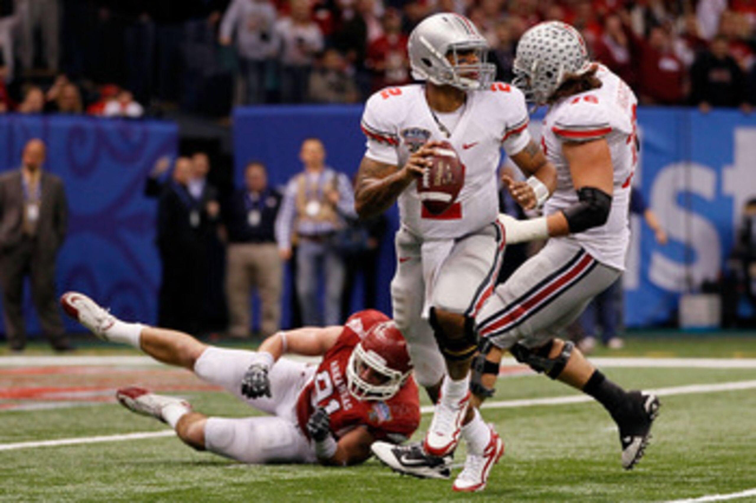 NEW ORLEANS, LA - JANUARY 04:  Quarterback Terrelle Pryor #2 of the Ohio State Buckeyes looks to run against the Arkansas Razorbacks during the Allstate Sugar Bowl at the Louisiana Superdome on January 4, 2011 in New Orleans, Louisiana.  (Photo by Kevin C