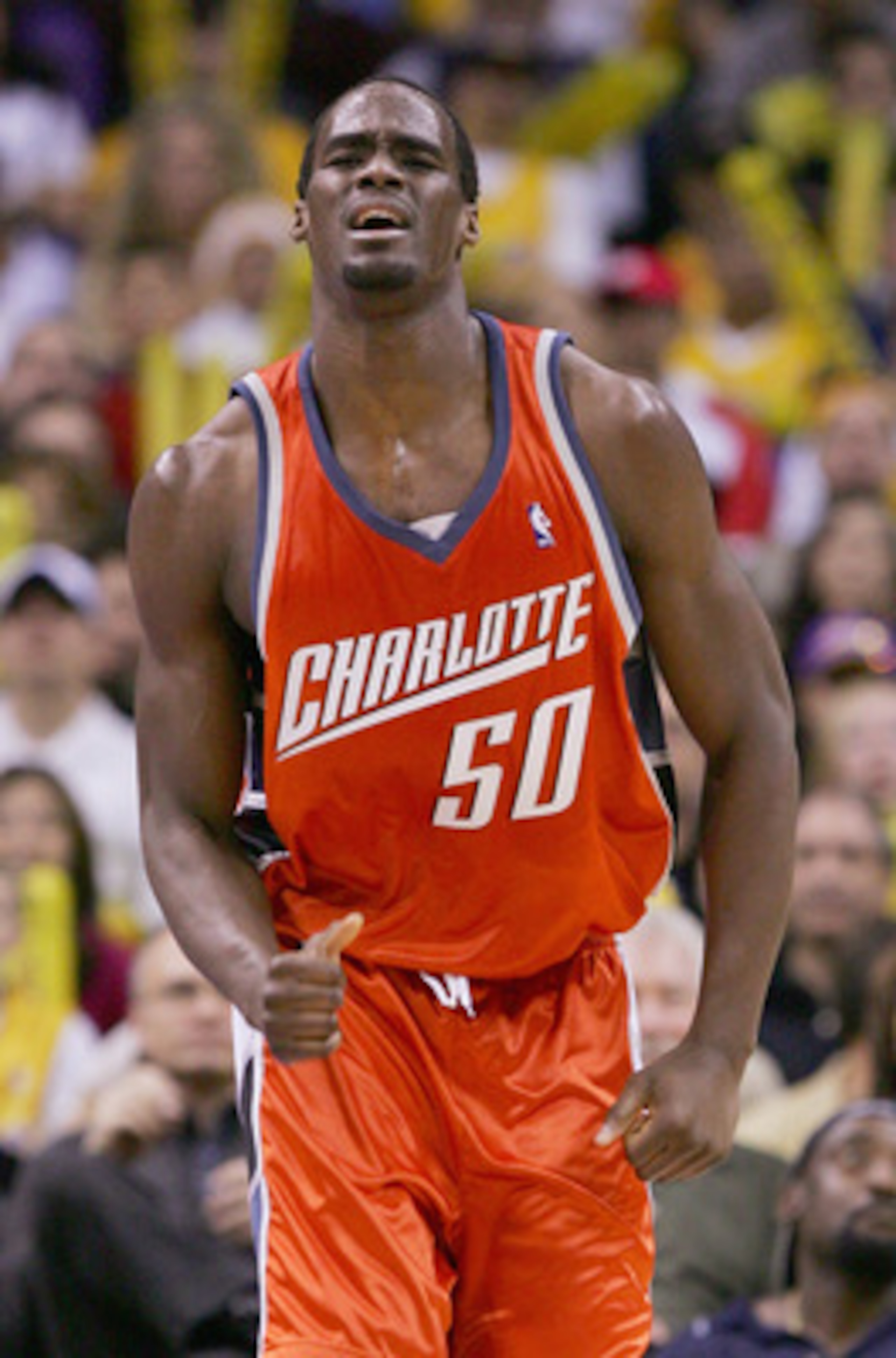 LOS ANGELES - JANUARY 30:  Emeka Okafur #50 of the Charlotte Bobcats reacts to a foul call during the game agianst the Los Angeles Lakers on January 30, 2005 at Staples Center in Los Angeles, California. NOTE TO USER: User expressly acknowledges and agree
