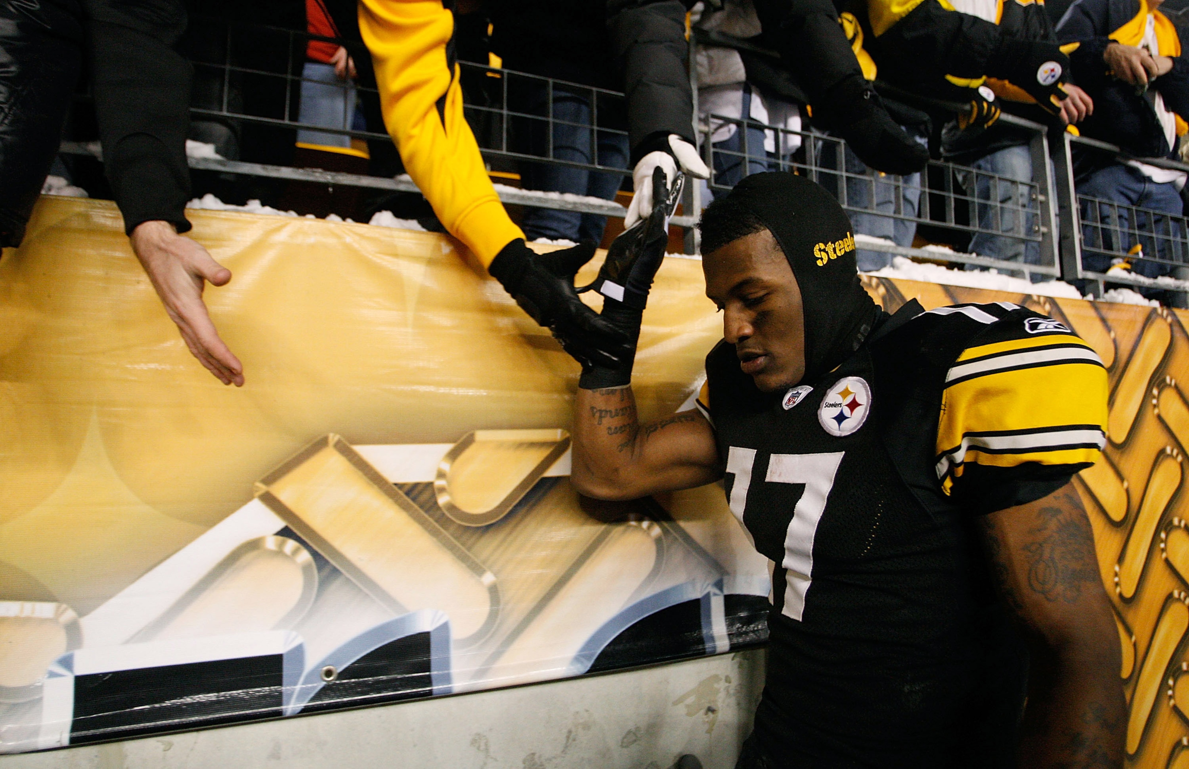 PITTSBURGH - DECEMBER 20:  Mike Wallace #17 of the Pittsburgh Steelers high fives fans as he walks off the field after scoring the game winning touchdown against the Green Bay Packers on December 20, 2009 at Heinz Field in Pittsburgh, Pennsylvania. (Photo