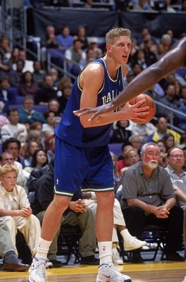 7 Nov 1999:  Dirk Nowitzki #41 of the Dallas Mavericks stands with the ball during the game against the Los Angeles Lakers at the Staples Center in Los Angeles, California. The Lakers defeated the Mavericks 105-97.   Mandatory Credit: Donald Miralle  /All