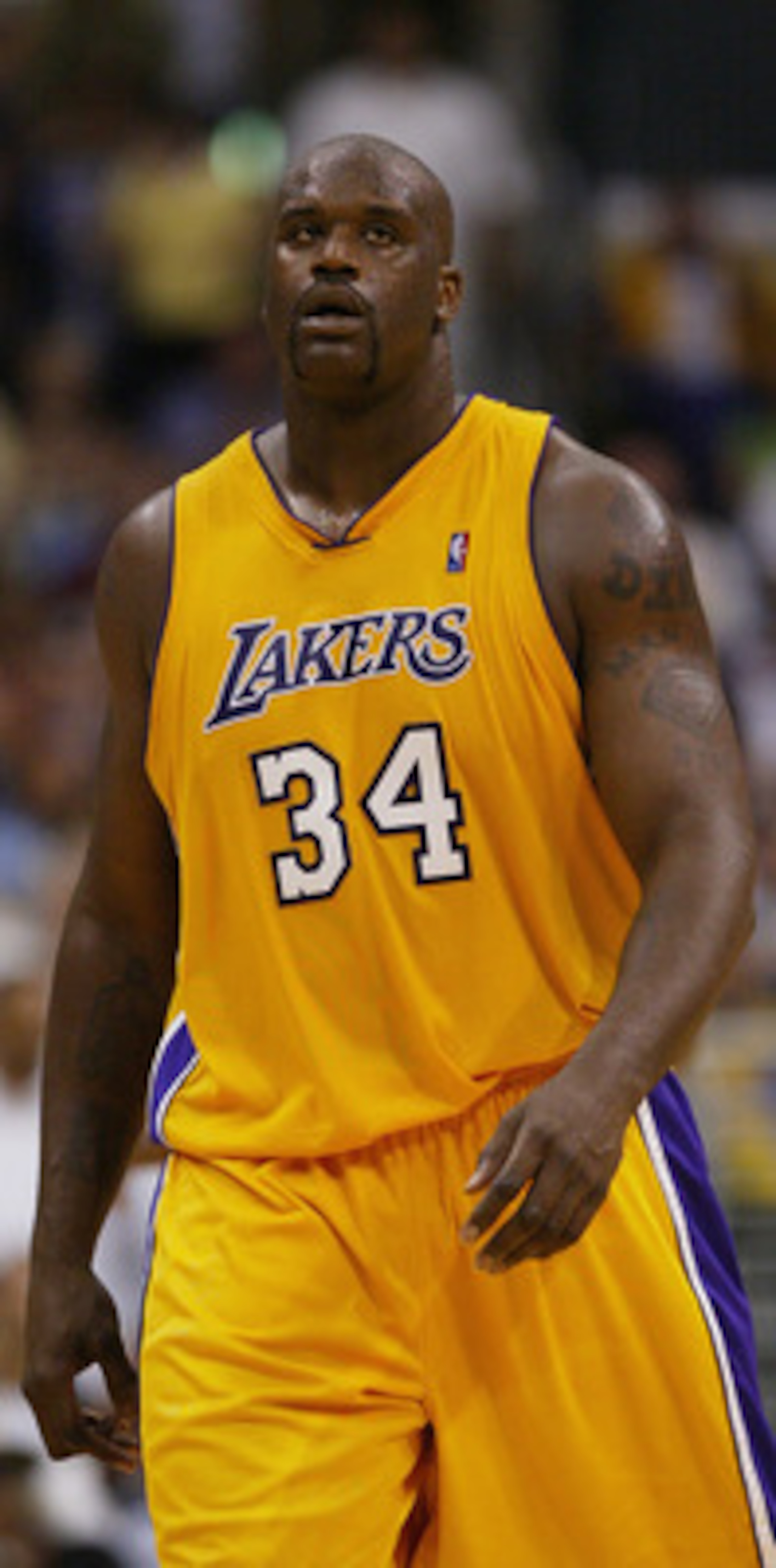 AUBURN HILLS, MI - JUNE 13:  Shaquille O'Neal #34 of the Los Angeles Lakers watches a freethrow in game four of the 2004 NBA Finals against the Detroit Pistons on June 13, 2004 at The Palace of Auburn Hills in Auburn Hills, Michigan.  NOTE TO USER: User e