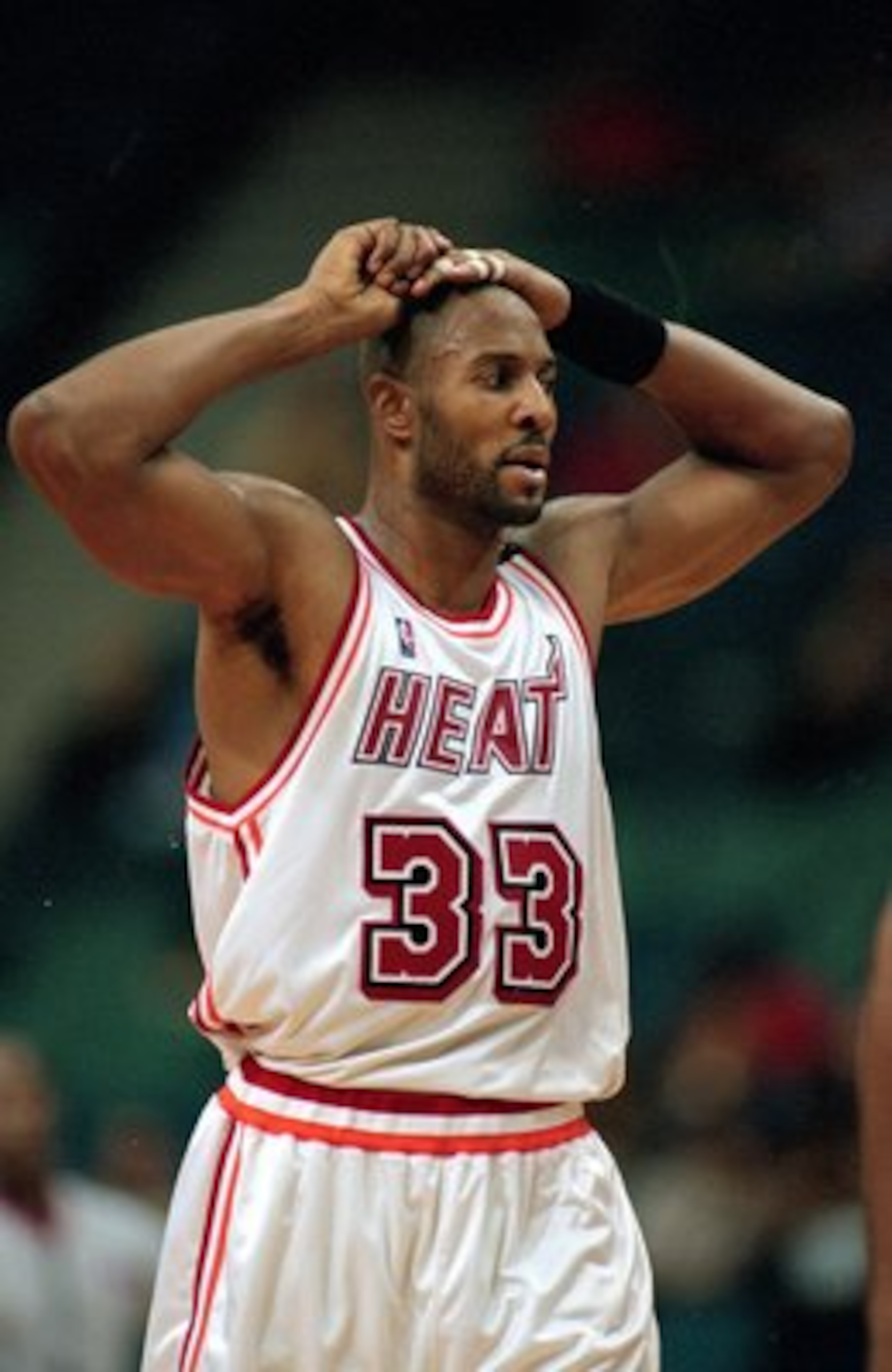 18 Oct 1999: Alonzo Mourning #33 of the Miami Heat looks on the court during a game against the Atlanta Hawks at the Miami Arena in Miami, Florida. The Heat defeated the Hawks 116-110.  Mandatory Credit: Eliot J. Schechter  /Allsport