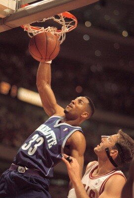 2 MAY 1995:  CHARLOTTE HORNET FORWARD ALONZO MOURNING #33 SLAMS TWO DOWN OVER CHICAGO BULLS WILL PERDUE DURING FIRST QUARTER ACTION OF THEIR FIRST ROUND NBA PLAYOFF GAME AT THE UNITED CENTER IN CHICAGO, ILLINOIS.  Mandatory Credit: Jonathan Daniel/ALLSPOR