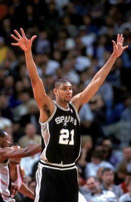 9 Feb 2000: Tim Duncan #21 of the San Antonio Spurs reacts to a call during the game against the Denver Nuggets at the Alamodome in San Antonio, Texas. The Spurs defeated the Nuggets 106-97.