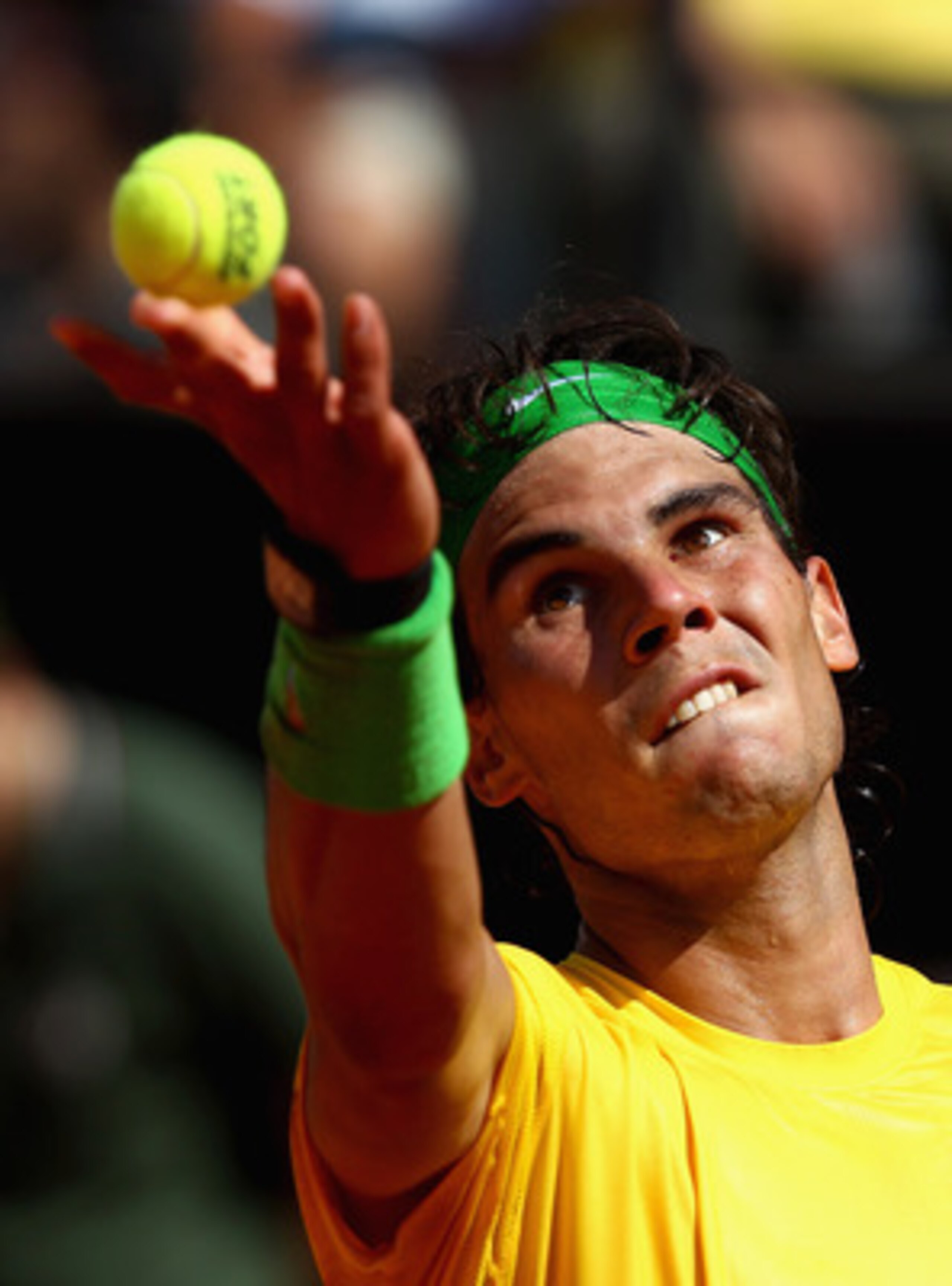 ROME, ITALY - MAY 11: Rafael Nadal of Spain serves during his second round match against Paolo Lorenzi of Italy during day four of the Internazoinali BNL D'Italia at the Foro Italico Tennis Centre on May 11, 2011 in Rome, Italy. (Photo by Clive Brunskil ROME, ITALY - MAY 11: Rafael Nadal of Spain serves during his second round match against Paolo Lorenzi of Italy during day four of the Internazoinali BNL D'Italia at the Foro Italico Tennis Centre on May 11, 2011 in Rome, Italy. (Photo by Clive Brunskil