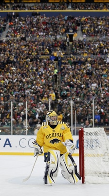 ANN ARBOR, MI - DECEMBER 11:  Shawn Hunwick #31 of the Michigan Wolverines looks on during a time out while playing the Michigan State Spartans at Michigan Stadium on December 11, 2010 in Ann Arbor, Michigan.  (Photo by Gregory Shamus/Getty Images)