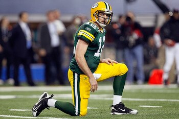 ARLINGTON, TX - FEBRUARY 06:  Quarterback Aaron Rodgers #12 of the Green Bay Packers looks on against the Pittsburgh Steelers during Super Bowl XLV at Cowboys Stadium on February 6, 2011 in Arlington, Texas.  (Photo by Kevin C. Cox/Getty Images)