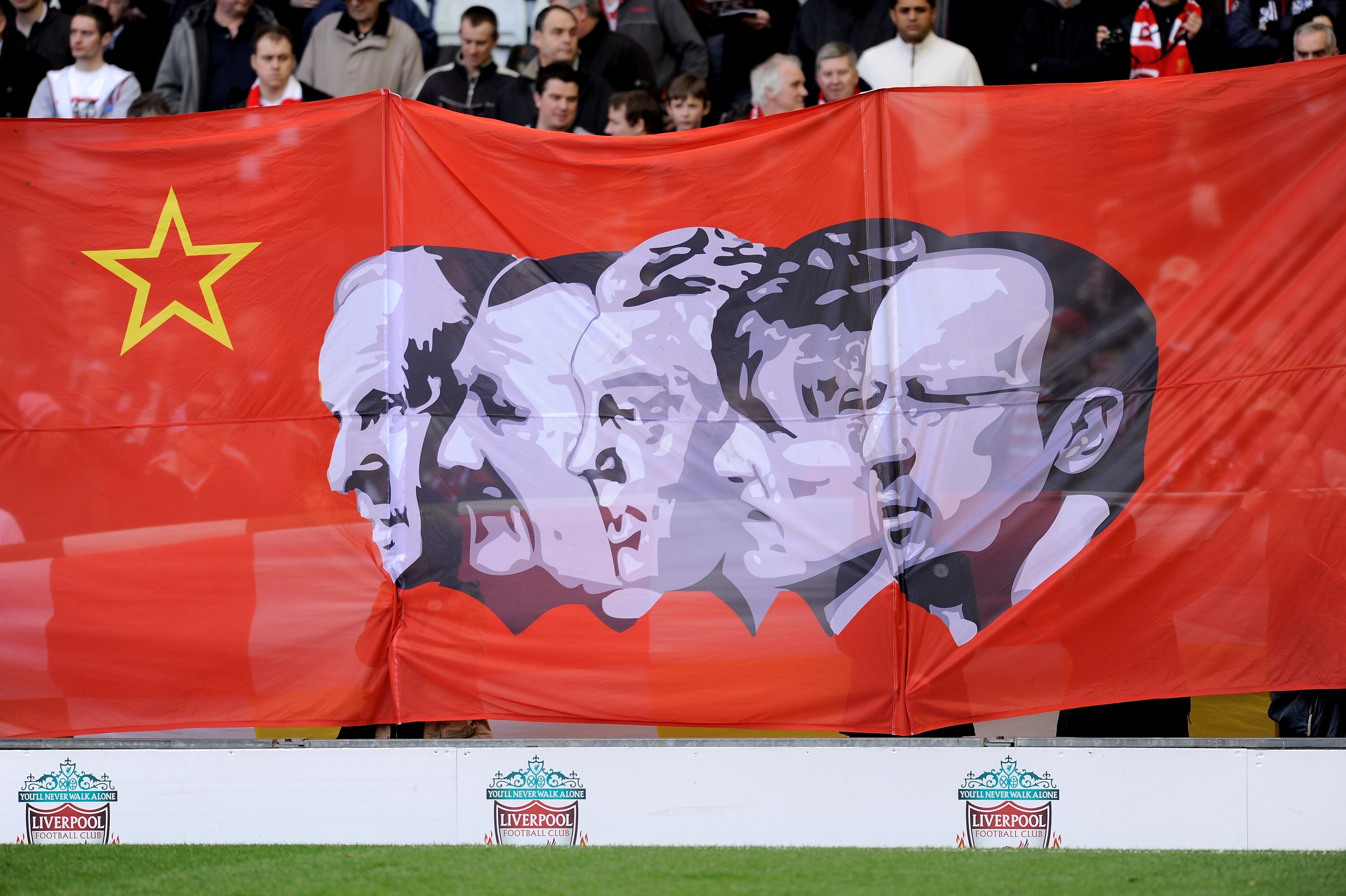 LIVERPOOL, ENGLAND - MARCH 28:  Liverpool fans display a banner showing Liverpool Managers past and present on the Kop prior to the Barclays Premier League match between Liverpool and Sunderland at Anfield on March 28, 2010 in Liverpool, England.  (Photo