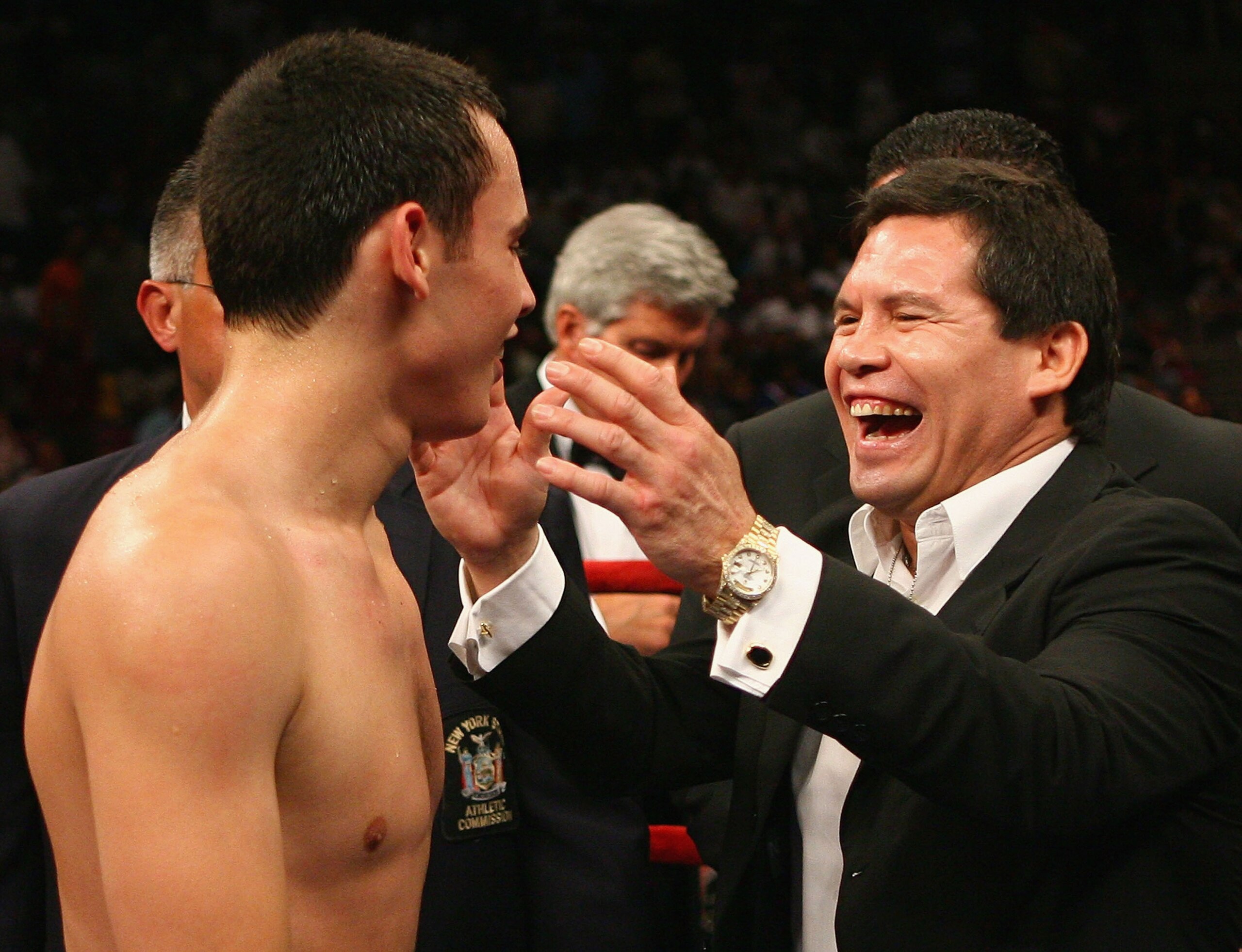 NEW YORK - JUNE 09:  Julio Cesar Chavez Jr. of Mexico celebrates winning his bout against Grover Wiley  during their Welterweight bout on June 9, 2007 at Madison Square Garden in New York City.  (Photo by Nick Laham/Getty Images)
