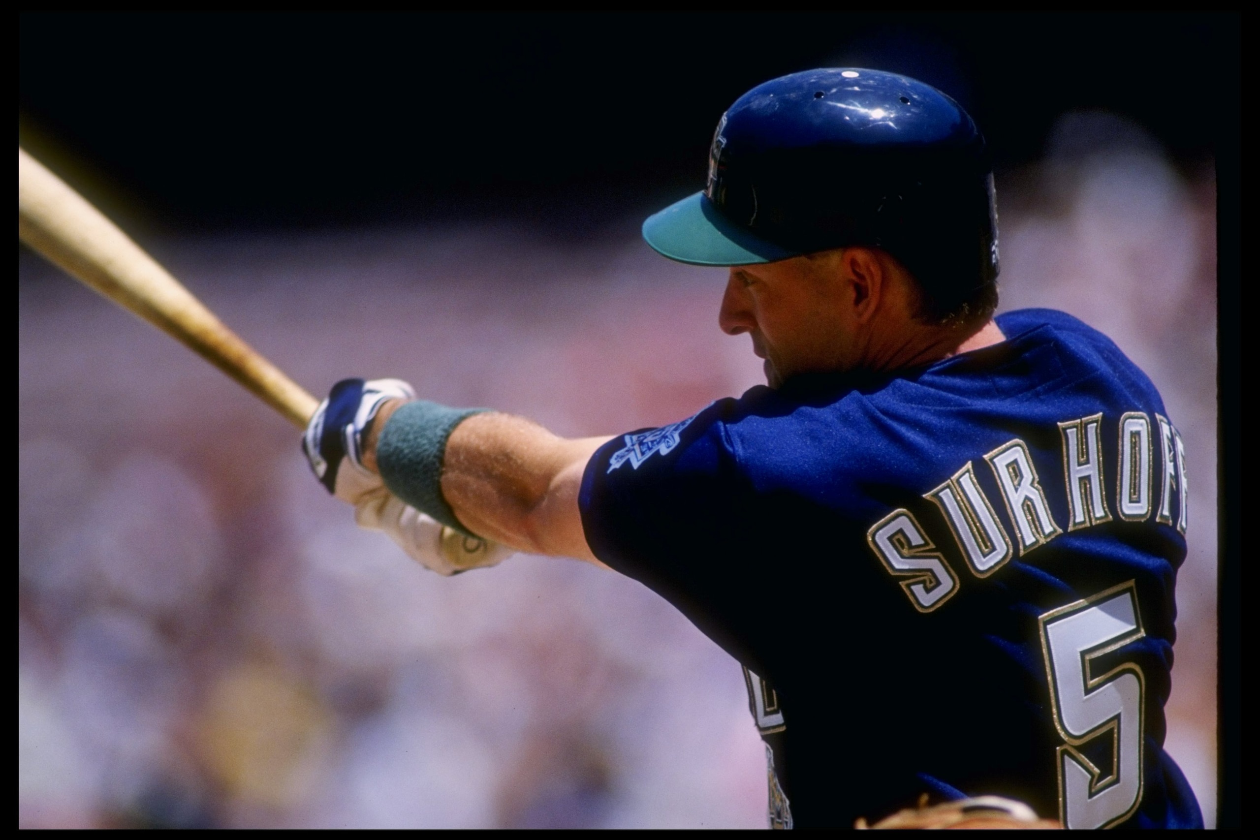 5 Jun 1994:  Infielder B. J. Surhoff of the Milwaukee Brewers swings the bat during a game against the California Angels at Anaheim Stadium in Anaheim, California.  The Angels won the game 3-1. Mandatory Credit: J.D. Cuban  /Allsport
