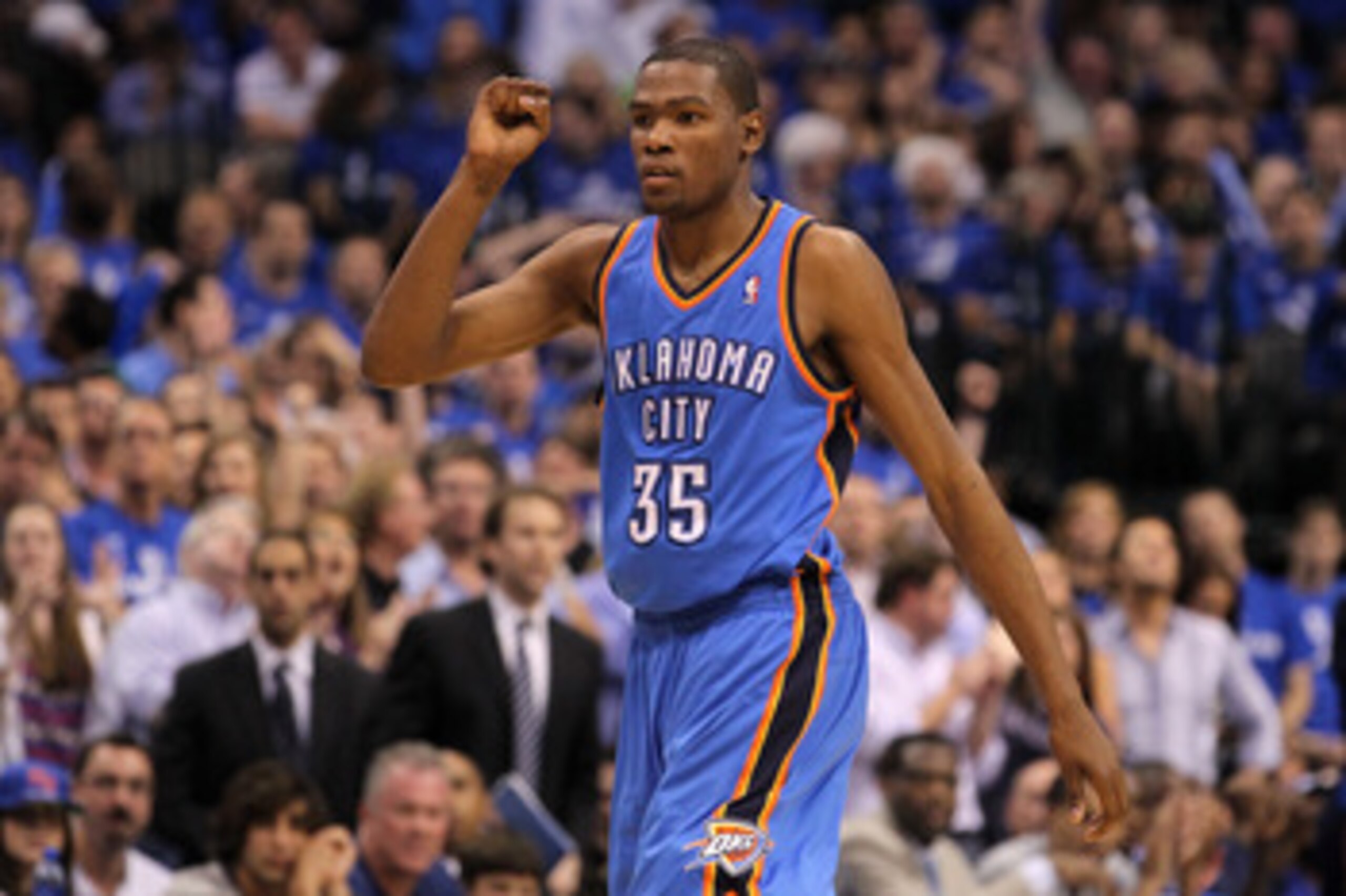 DALLAS, TX - MAY 19: Kevin Durant #35 of the Oklahoma City Thunder reacts in the fourth quarter while taking on the Dallas Mavericks in Game Two of the Western Conference Finals during the 2011 NBA Playoffs at American Airlines Center on May 19, 2011 in DALLAS, TX - MAY 19: Kevin Durant #35 of the Oklahoma City Thunder reacts in the fourth quarter while taking on the Dallas Mavericks in Game Two of the Western Conference Finals during the 2011 NBA Playoffs at American Airlines Center on May 19, 2011 in