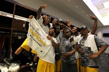 ARLINGTON, TX - FEBRUARY 06:  The Green Bay Packers celebrate in the locker room after winning Super Bowl XLV 31-25 against the Pittsburgh Steelers at Cowboys Stadium on February 6, 2011 in Arlington, Texas.  (Photo by Al Bello/Getty Images)