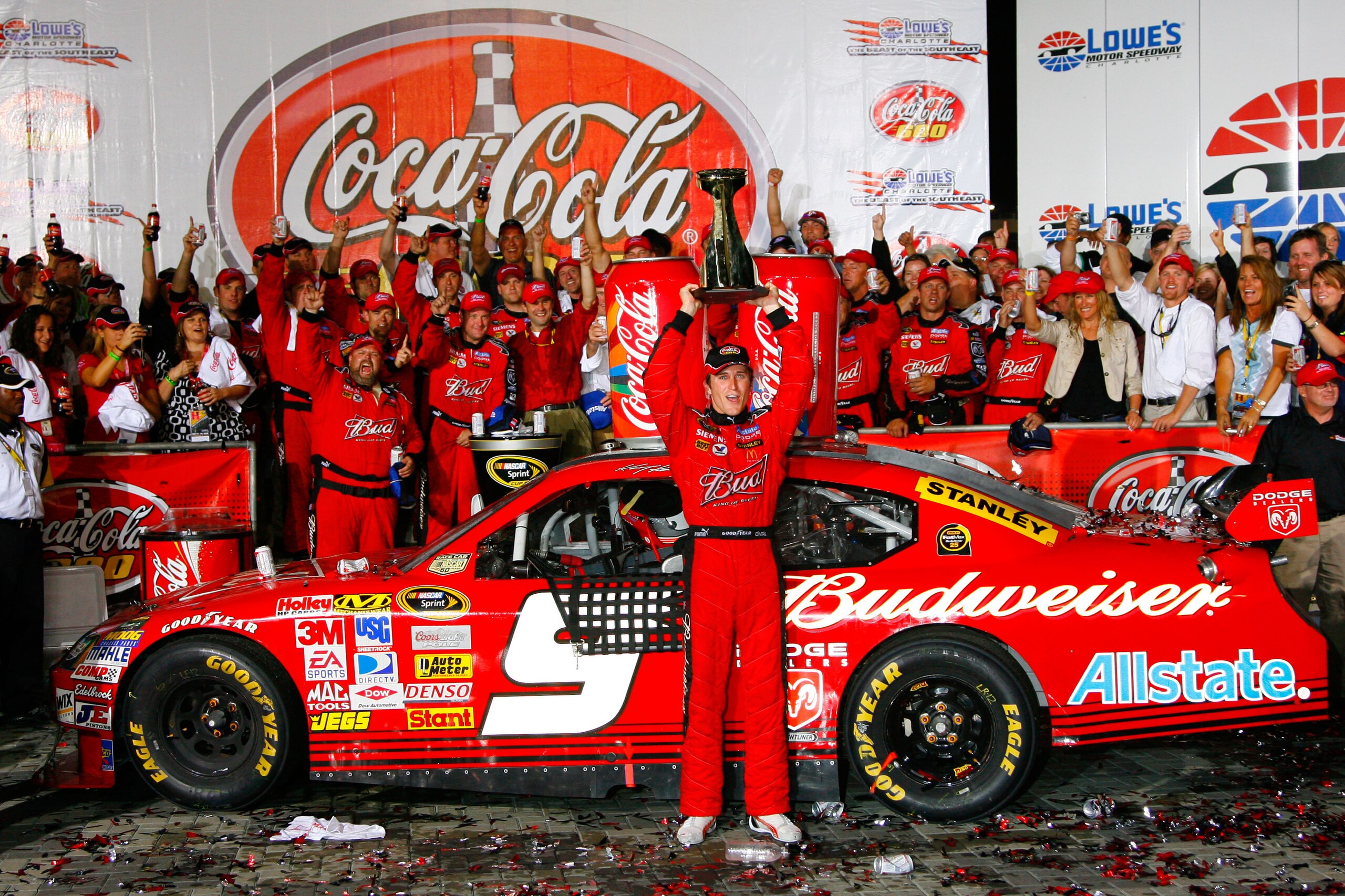 CONCORD, NC - MAY 25:  Kasey Kahne, driver of the #9 Budweiser Dodge, celebrates in victory lane after winning the NASCAR Sprint Cup Series Coca-Cola 600 on May 25, 2008 at Lowe's Motor Speedway in Concord, North Carolina.  (Photo by John Harrelson/Getty