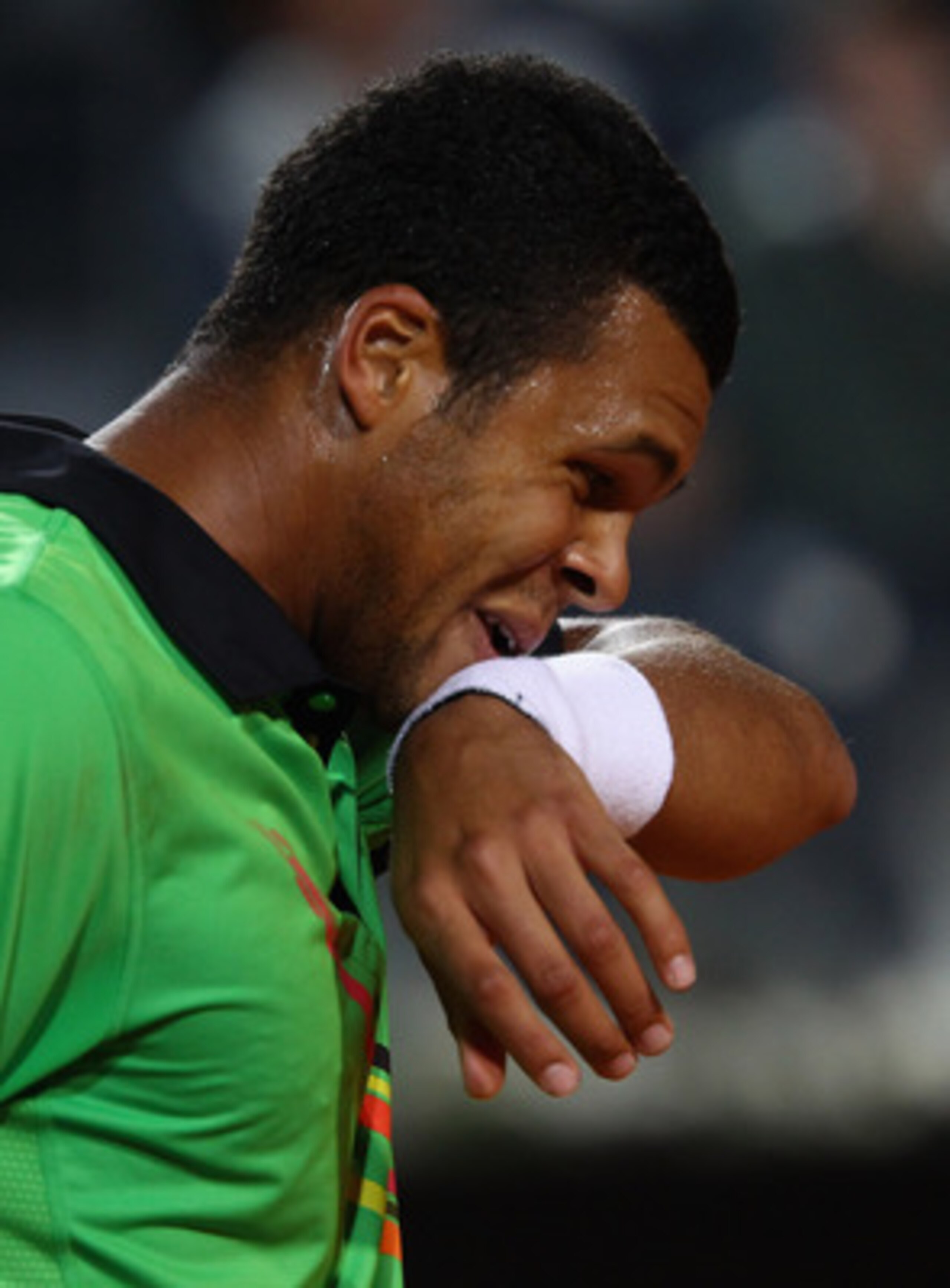 ROME, ITALY - MAY 11:  Jo-Wilfried Tsonga of France shows his dejection during his second round match against Roger Federer of Switzerland during day four of the Internazoinali BNL D'Italia at the Foro Italico Tennis Centre on May 11, 2011 in Rome, Italy.