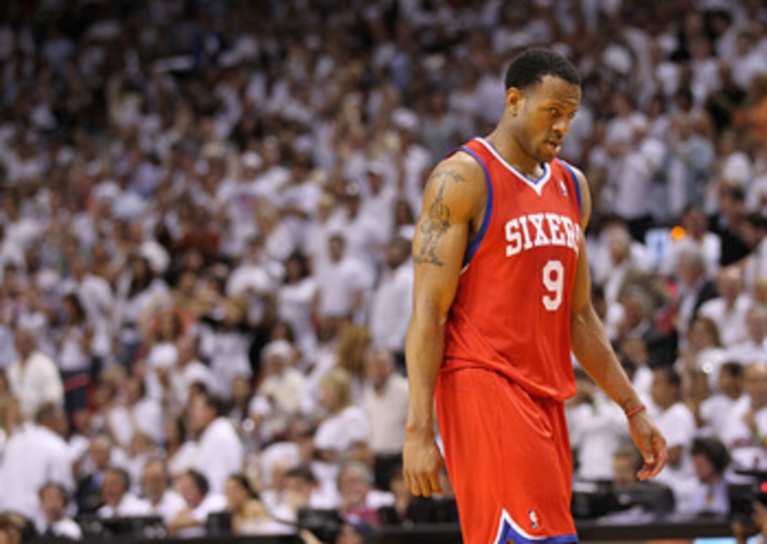 MIAMI, FL - APRIL 27: Andre Iguodala #9 of the Philadelphia 76ers walks off the floor during game five of the Eastern Conference Quarterfinals in the 2011 NBA Playoffs against the Miami Heat at American Airlines Arena on April 27, 2011 in Miami, Florida. MIAMI, FL - APRIL 27: Andre Iguodala #9 of the Philadelphia 76ers walks off the floor during game five of the Eastern Conference Quarterfinals in the 2011 NBA Playoffs against the Miami Heat at American Airlines Arena on April 27, 2011 in Miami, Florida.