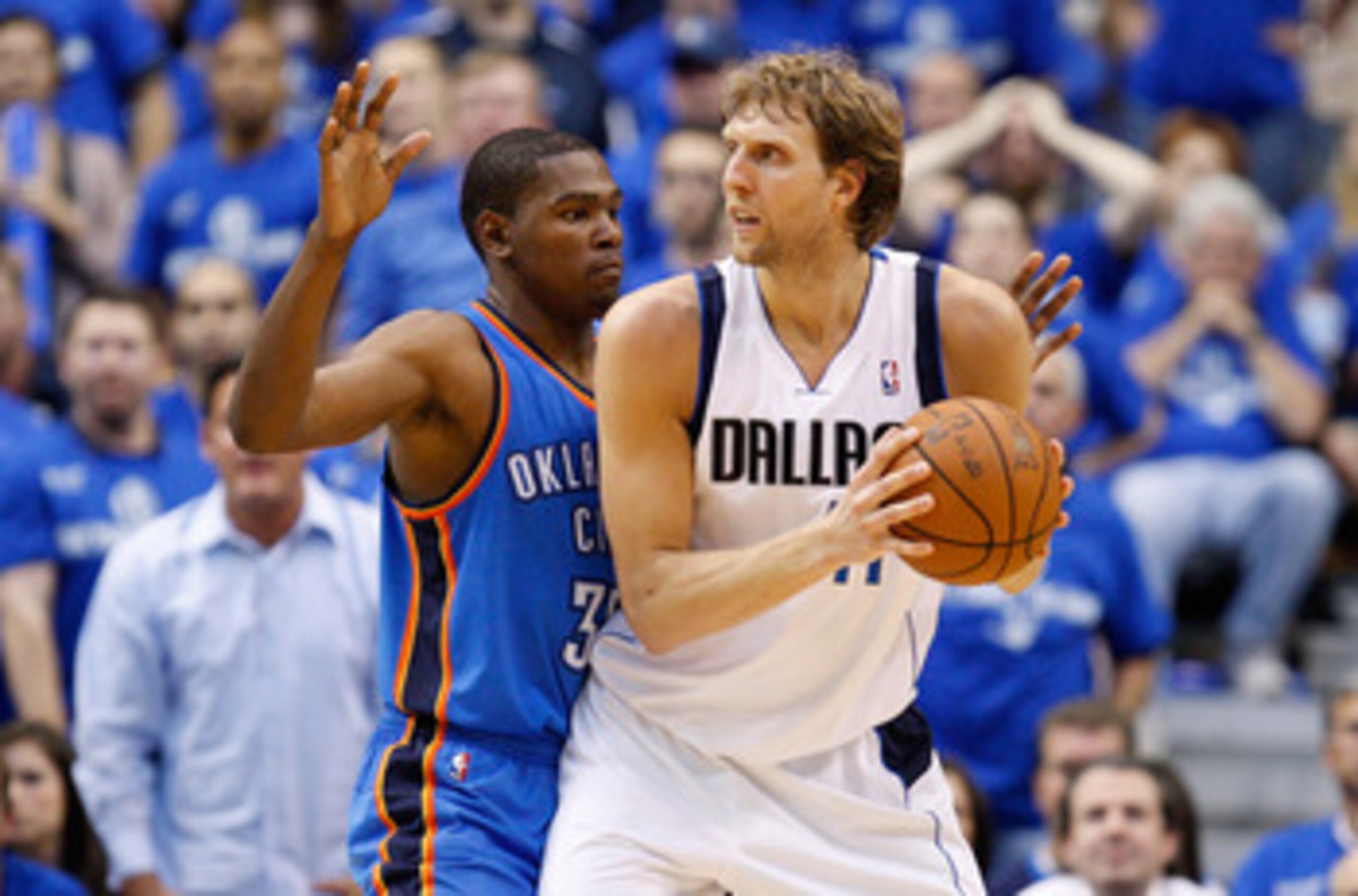 DALLAS, TX - MAY 19:  Dirk Nowitzki #41 of the Dallas Mavericks posts up Kevin Durant #35 of the Oklahoma City Thunder in the second half in Game Two of the Western Conference Finals during the 2011 NBA Playoffs at American Airlines Center on May 19, 2011