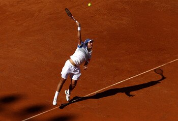 ROME, ITALY - MAY 10:  Stanislav Wawrinka of Switzerland serves during his first round match against Fabio Fognini of Italy during day three of the Internazionali BNL d'Italia at the Foro Italico Tennis Centre on May 10, 2011 in Rome, Italy.  (Photo by Al