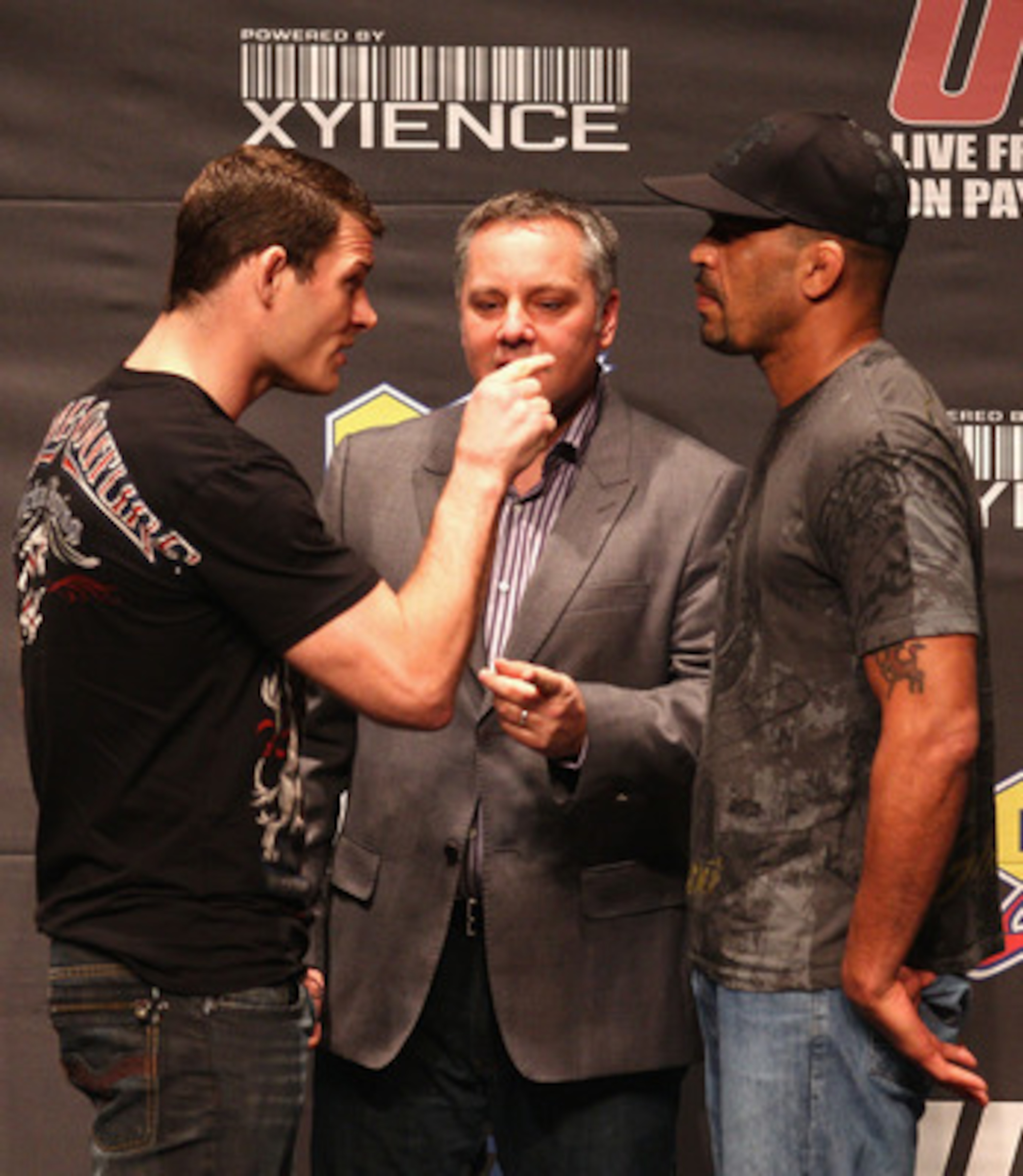 SYDNEY, AUSTRALIA - FEBRUARY 23:  Michael Bisping (L) of England and Jorge Rivera (R) of the USA pose up during a Press Conference ahead of UFC 127 at Star City on February 23, 2011 in Sydney, Australia.  (Photo by Ryan Pierse/Getty Images)