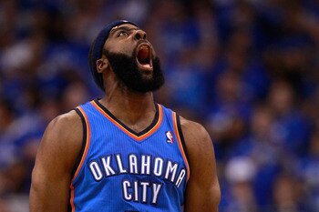 DALLAS, TX - MAY 19:  James Harden #13 of the Oklahoma City Thunder reacts after making a three-pointer in the fourth quarter while taking on the Dallas Mavericks in Game Two of the Western Conference Finals during the 2011 NBA Playoffs at American Airlin