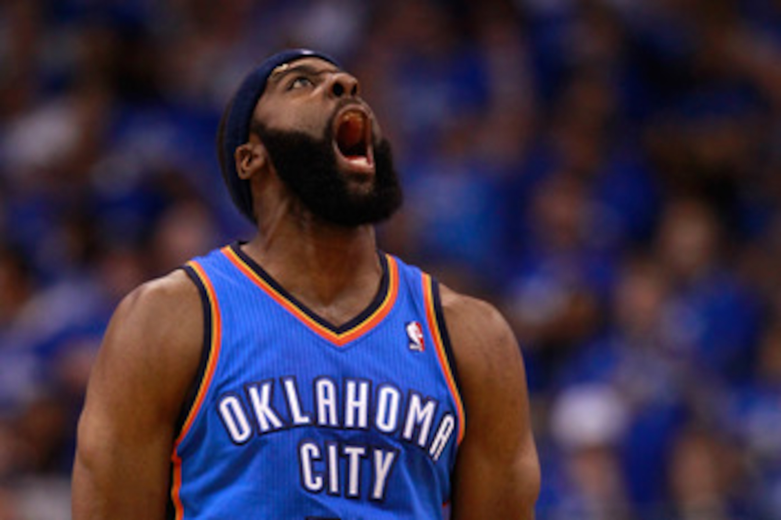 DALLAS, TX - MAY 19:  James Harden #13 of the Oklahoma City Thunder reacts after making a three-pointer in the fourth quarter while taking on the Dallas Mavericks in Game Two of the Western Conference Finals during the 2011 NBA Playoffs at American Airlin