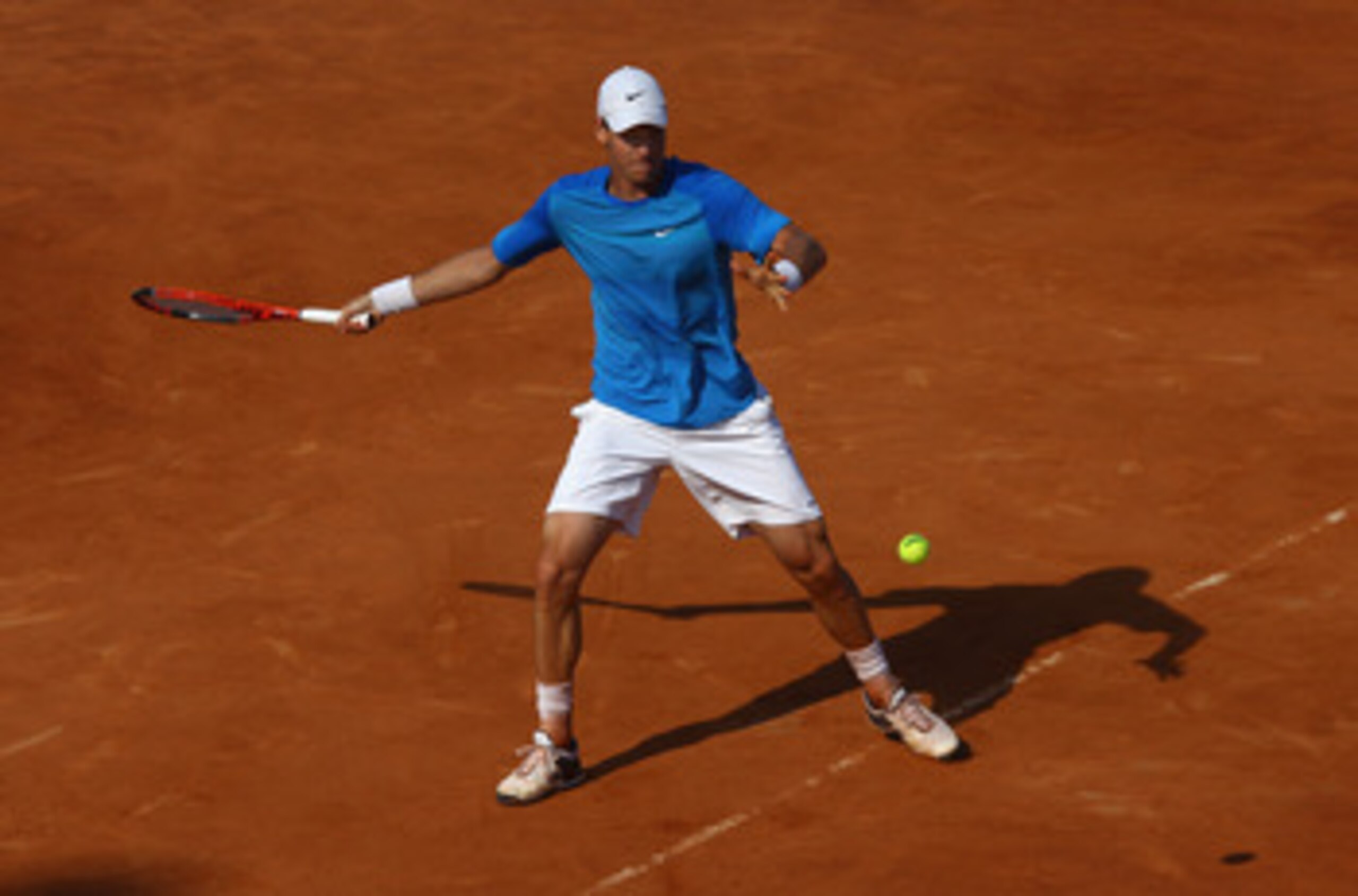 ROME, ITALY - MAY 12:  Tomas Berdych of Czech Republic hits a forehand return during his third round match against Jarkko Nieminen of Finland during day five of the Internazionali BNL d'Italia at the Foro Italico Tennis Centre on May 12, 2011 in Rome, Ita