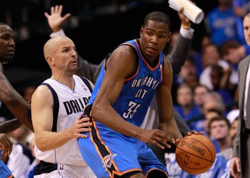 DALLAS, TX - MAY 17:  Kevin Durant #35 of the Oklahoma City Thunder posts up Jason Kidd #2 of the Dallas Mavericks in Game One of the Western Conference Finals during the 2011 NBA Playoffs at American Airlines Center on May 17, 2011 in Dallas, Texas. NOTE