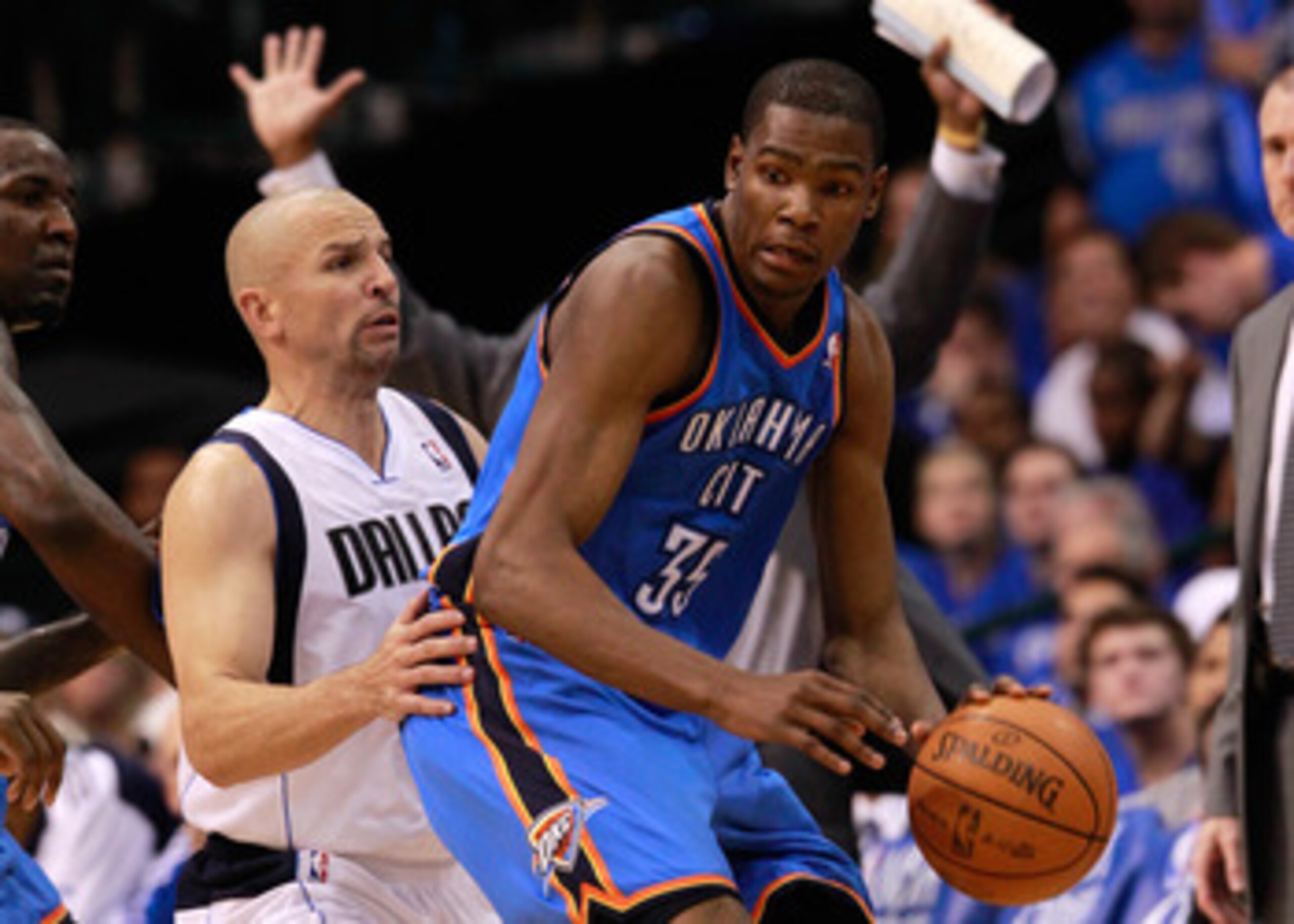 DALLAS, TX - MAY 17:  Kevin Durant #35 of the Oklahoma City Thunder posts up Jason Kidd #2 of the Dallas Mavericks in Game One of the Western Conference Finals during the 2011 NBA Playoffs at American Airlines Center on May 17, 2011 in Dallas, Texas. NOTE