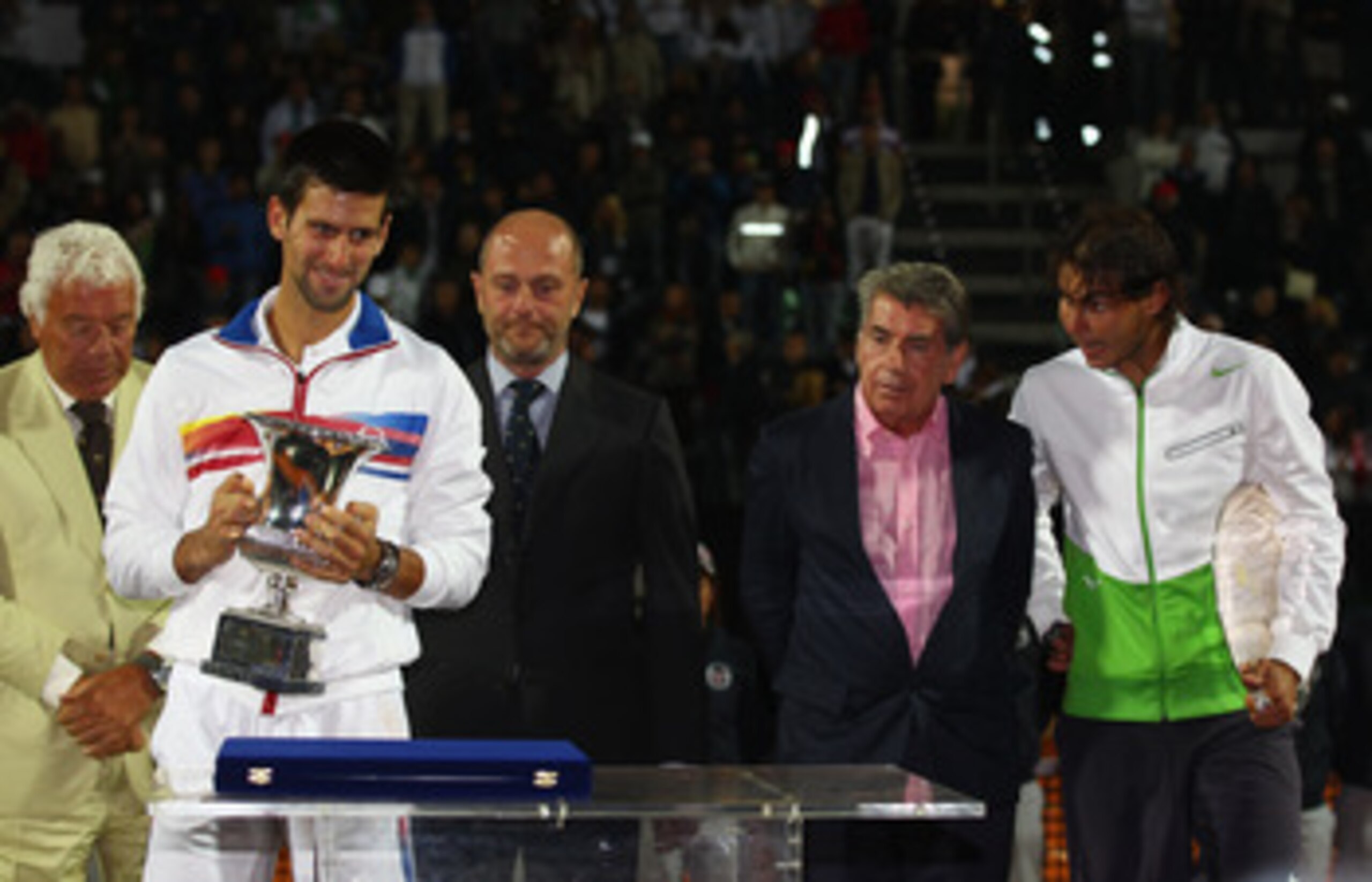 ROME, ITALY - MAY 15:  Novak Djokovic of Serbia holds the trophy after his victory in the final against Rafael Nadal of Spain during day eight of the Internazoinali BNL D'Italia at the Foro Italico Tennis Centre on May 15, 2011 in Rome, Italy.  (Photo by 