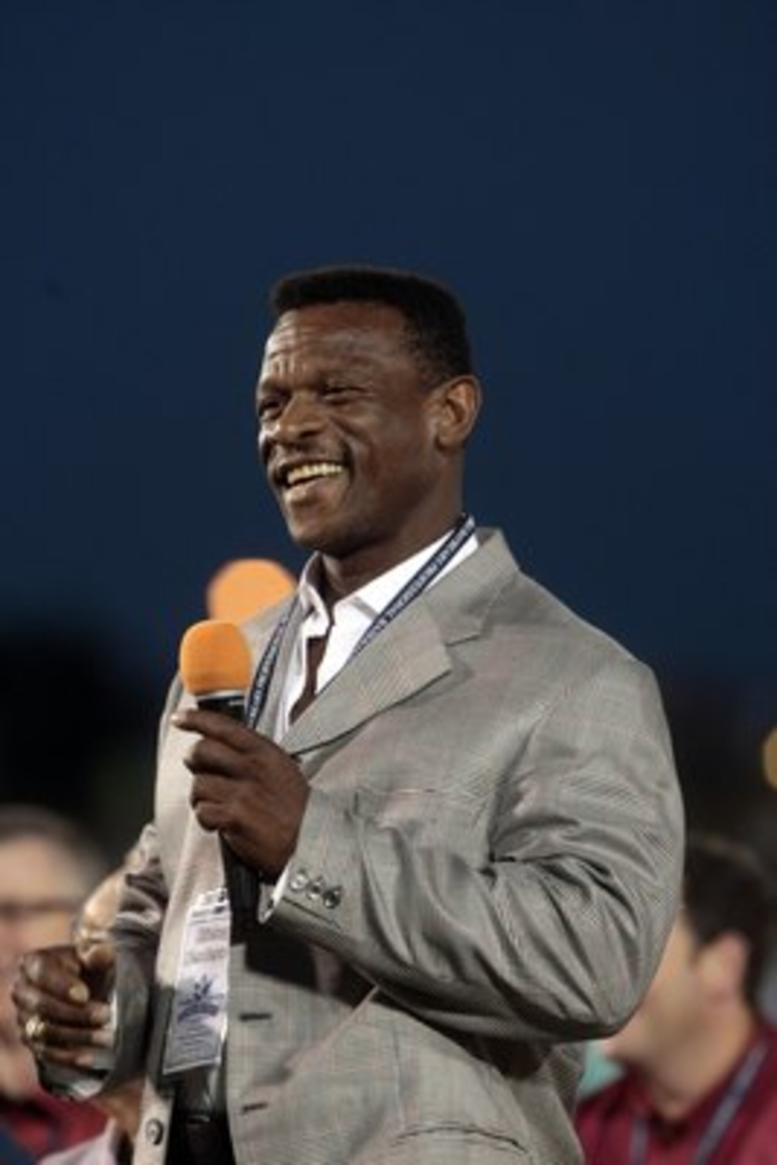 MOBILE, AL - APRIL 14: MLB Hall of Famer Rickey Henderson makes remarks during pre-game ceremonies following the opening the Hank Aaron Museum at the Hank Aaron Stadium on April 14, 2010 in Mobile, Alabama. (Photo by Dave Martin/Getty Images)