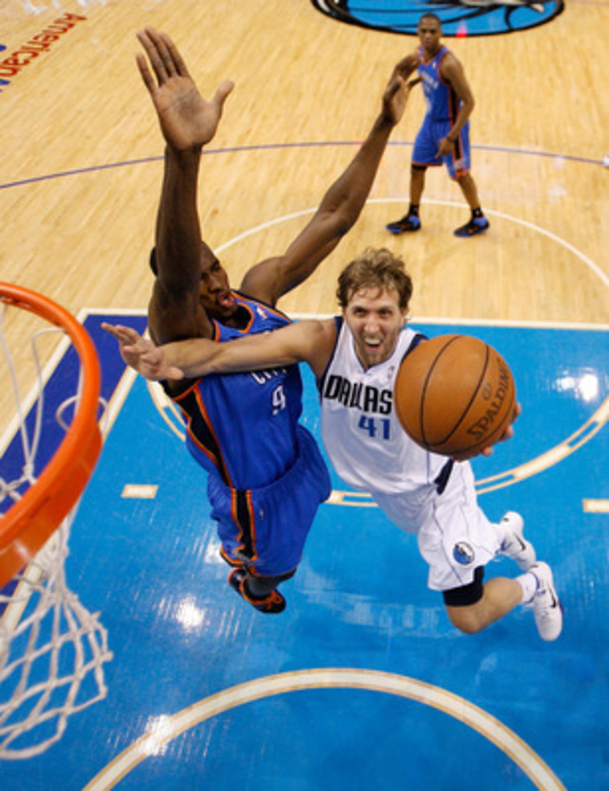 DALLAS, TX - MAY 19:  Dirk Nowitzki #41 of the Dallas Mavericks goes up for a shot against Serge Ibaka #9 of the Oklahoma City Thunder in the second half in Game Two of the Western Conference Finals during the 2011 NBA Playoffs at American Airlines Center