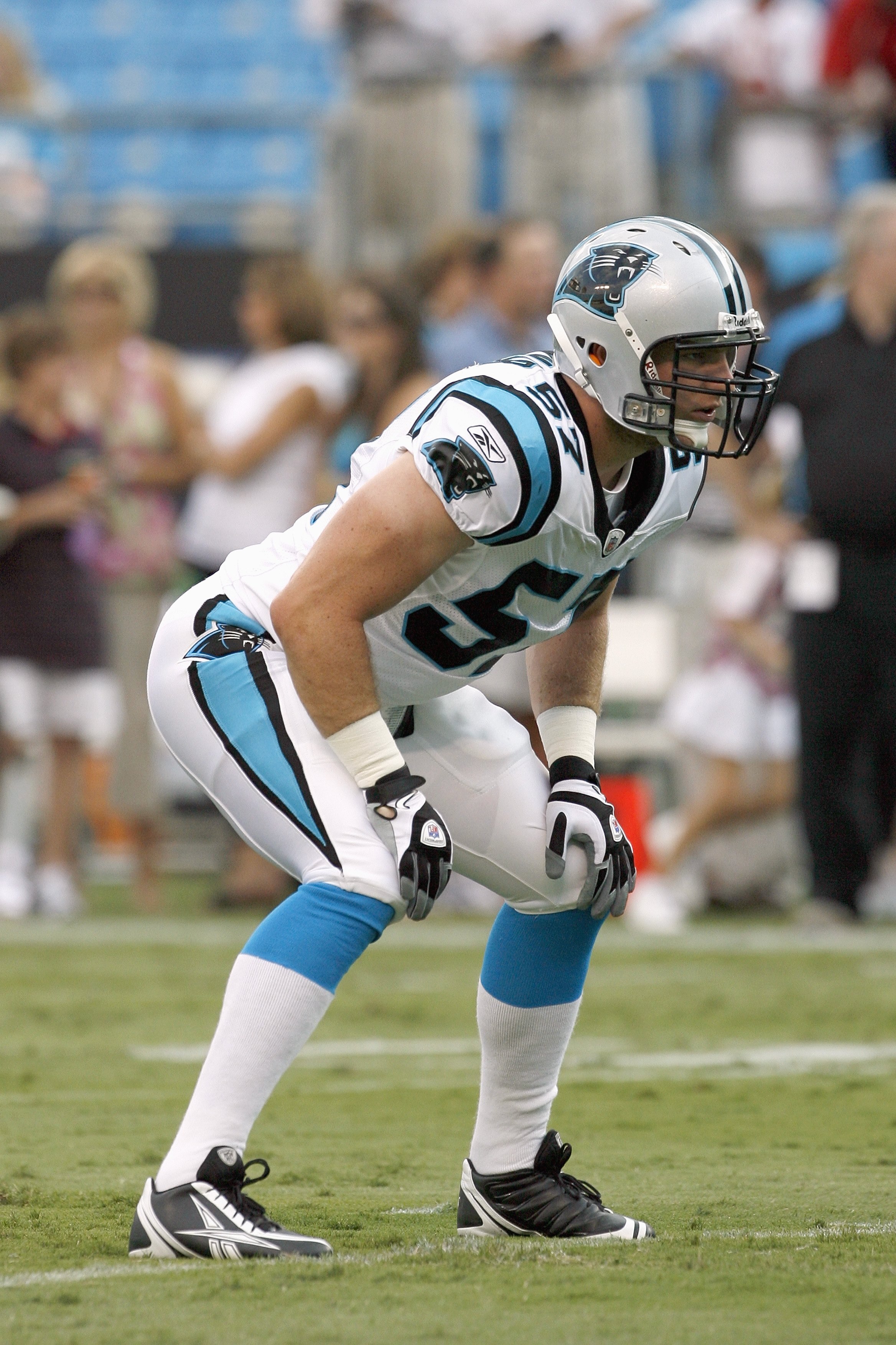 CHARLOTTE, NC - AUGUST 09:  Dan Connor #57 of the Carolina Panthers gets ready on the field before the game against the Indianapolis Colts at Bank of America Stadium on August, 9, 2008 in Charlotte, North Carolina.  (Photo by: Kevin C. Cox/Getty Images)