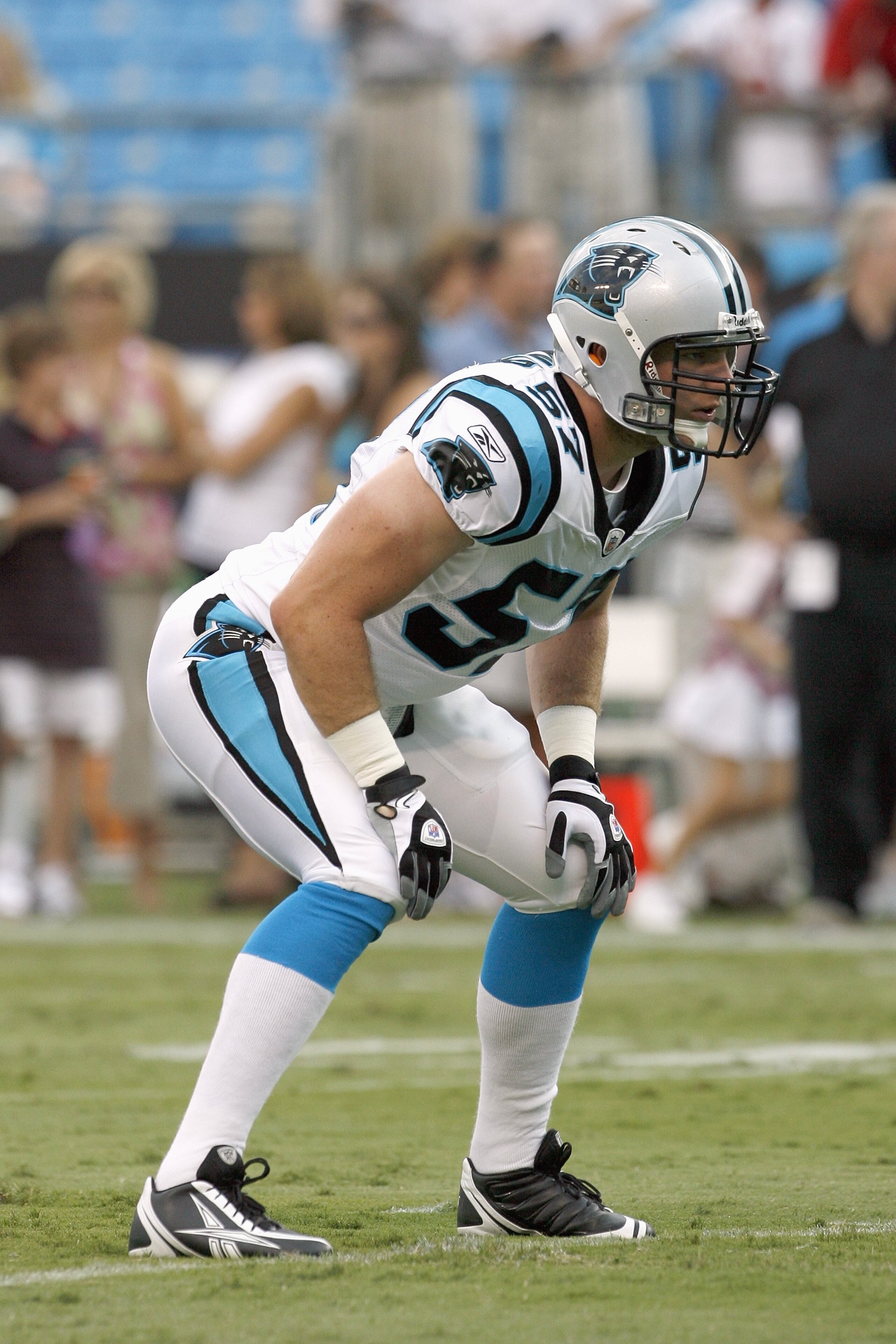 CHARLOTTE, NC - AUGUST 09:  Dan Connor #57 of the Carolina Panthers gets ready on the field before the game against the Indianapolis Colts at Bank of America Stadium on August, 9, 2008 in Charlotte, North Carolina.  (Photo by: Kevin C. Cox/Getty Images)