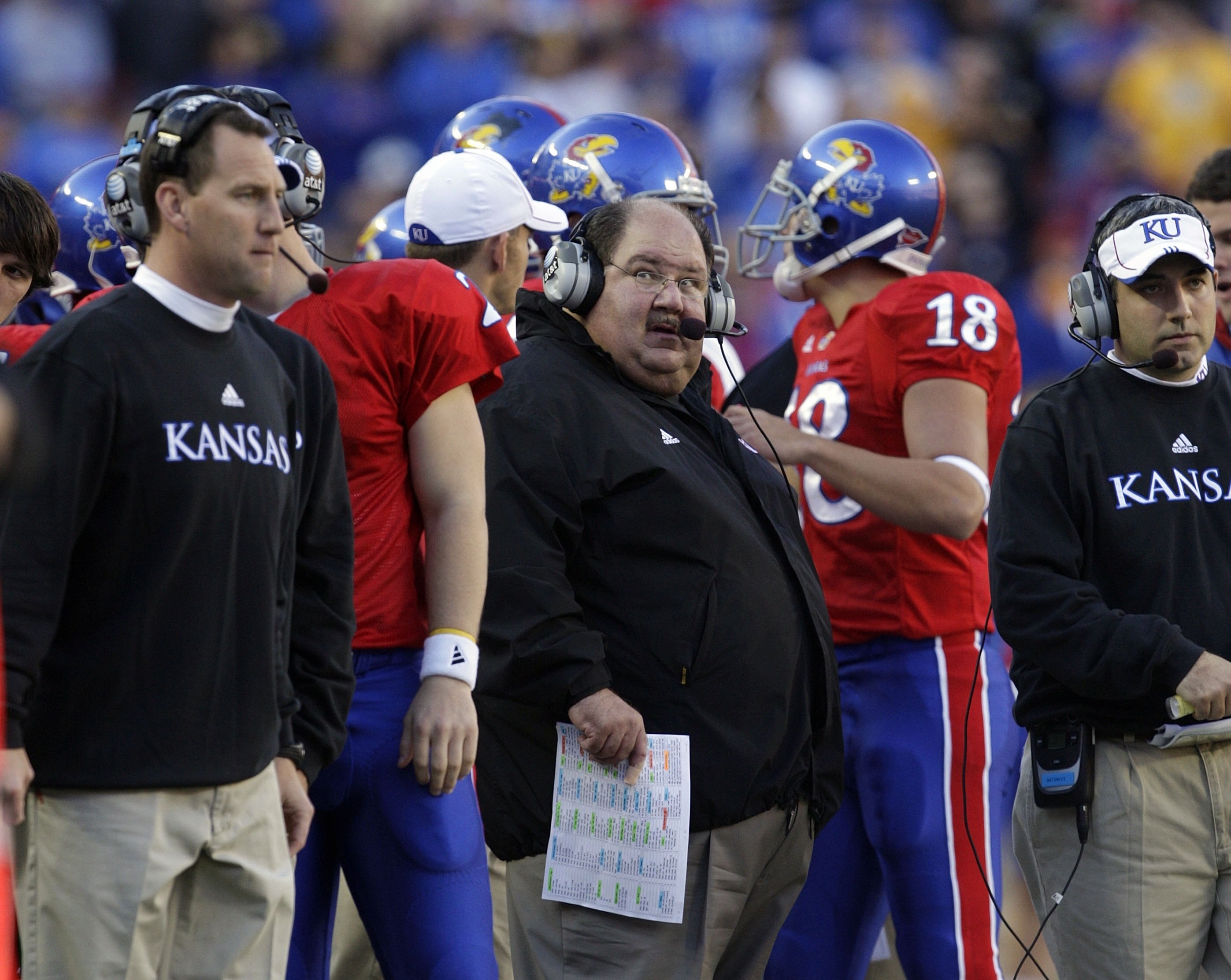 KANSAS CITY, MO - NOVEMBER 28: Head coach Mark Mangino of the Kansas Jayhawks watches from the sidelines during the game against the Missouri Tigers at Arrowhead Stadium on November 28, 2009 in Kansas City, Missouri. (Photo by Jamie Squire/Getty Images)