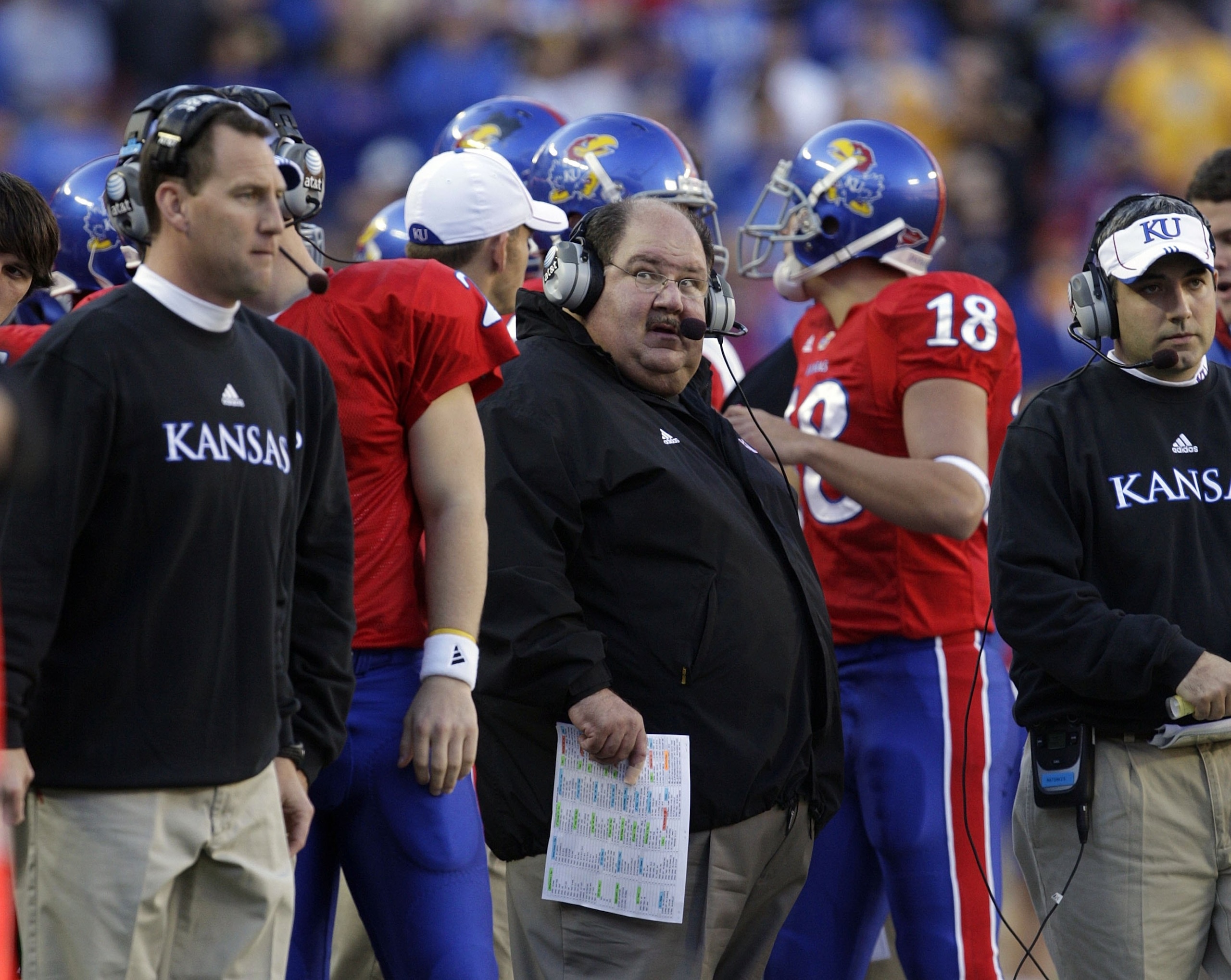 KANSAS CITY, MO - NOVEMBER 28: Head coach Mark Mangino of the Kansas Jayhawks watches from the sidelines during the game against the Missouri Tigers at Arrowhead Stadium on November 28, 2009 in Kansas City, Missouri. (Photo by Jamie Squire/Getty Images) KANSAS CITY, MO - NOVEMBER 28: Head coach Mark Mangino of the Kansas Jayhawks watches from the sidelines during the game against the Missouri Tigers at Arrowhead Stadium on November 28, 2009 in Kansas City, Missouri. (Photo by Jamie Squire/Getty Images)