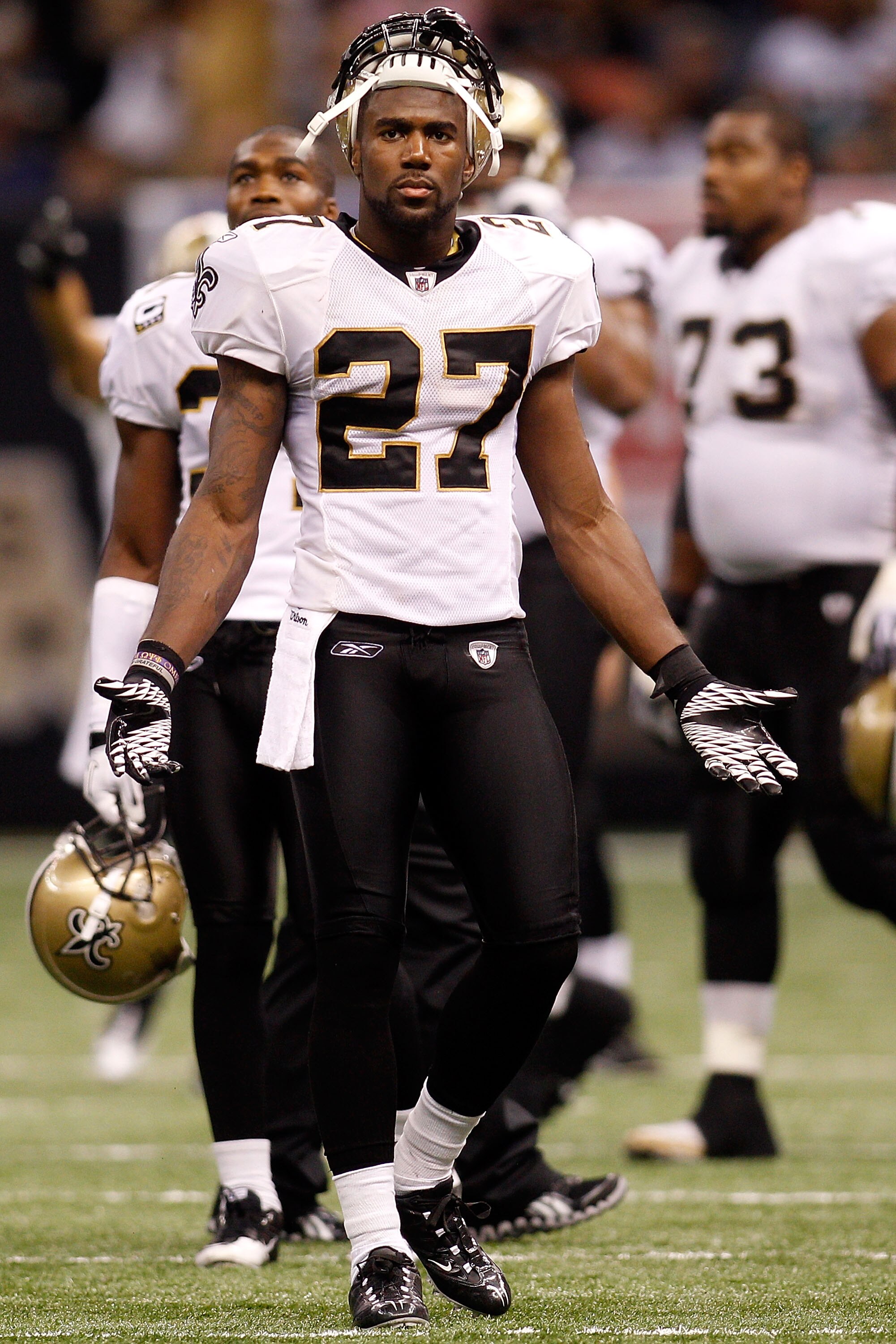 NEW ORLEANS - SEPTEMBER 26:  Malcom Jenkins #27 of the New Orleans Saints reacts to a call by the officials during the game against the Atlanta Falcons at the Louisiana Superdome on September 26, 2010 in New Orleans, Louisiana.  The Falcons defeated the S