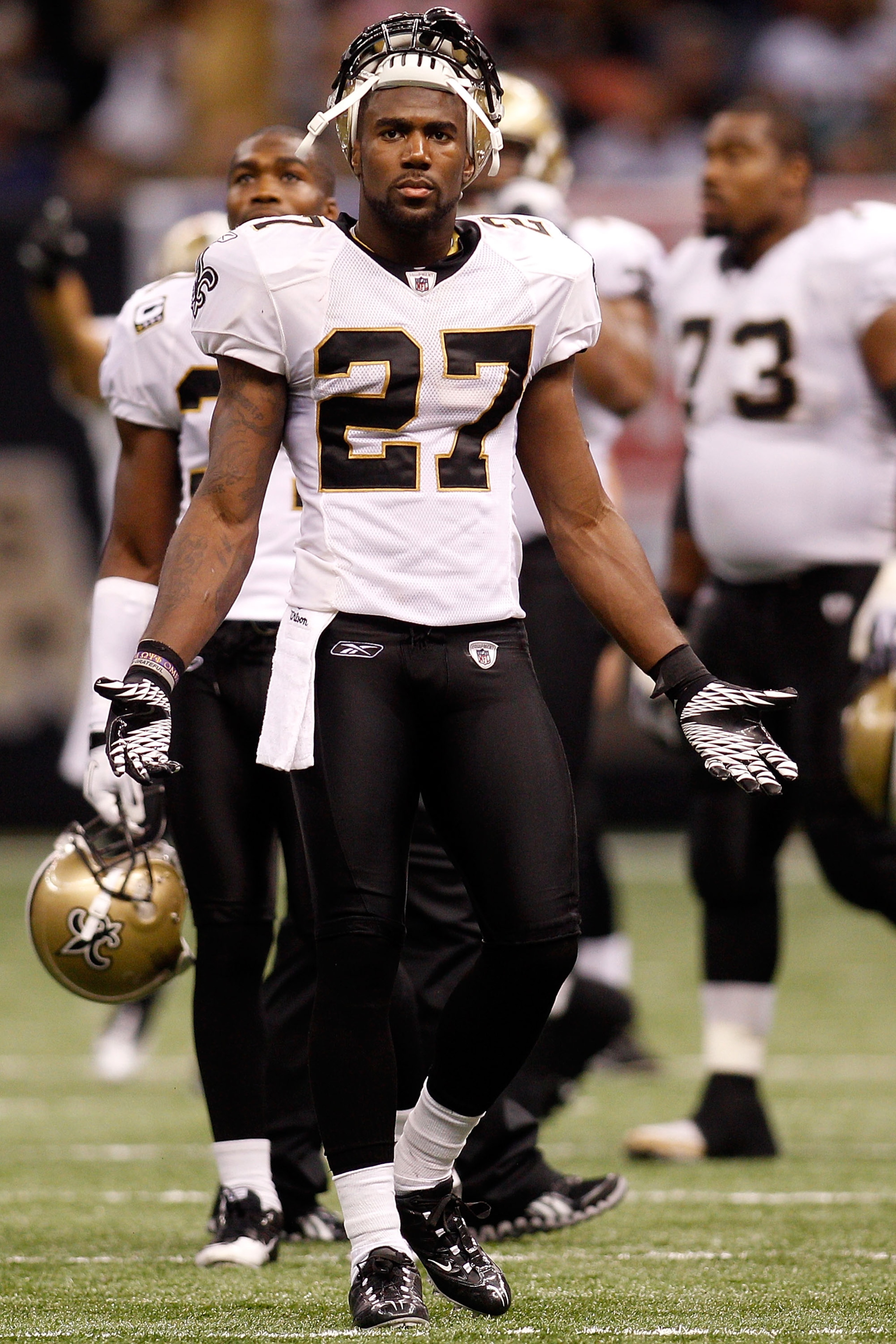 NEW ORLEANS - SEPTEMBER 26:  Malcom Jenkins #27 of the New Orleans Saints reacts to a call by the officials during the game against the Atlanta Falcons at the Louisiana Superdome on September 26, 2010 in New Orleans, Louisiana.  The Falcons defeated the S