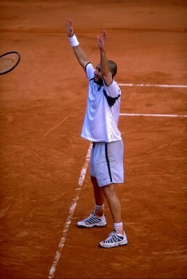 6 Jun 1999:  Andre Agassi of the United States celebrates victory during the 1999 French Open Final match against Andrei Medvedev of the Ukraine played at Roland Garros in Paris, France.  The match finished in an emotional victory for Andre Agassi. \ Mand