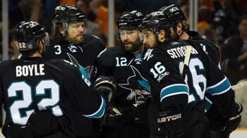 SAN JOSE, CA - MAY 20:  (L-R) Dan Boyle #22, Douglas Murray #3, Patrick Marleau #12, Devin Setoguchi #16 and Joe Thornton #19 of the San Jose Sharks celebrate Marleau's first of two first period goals in Game Three of the Western Conference Finals against