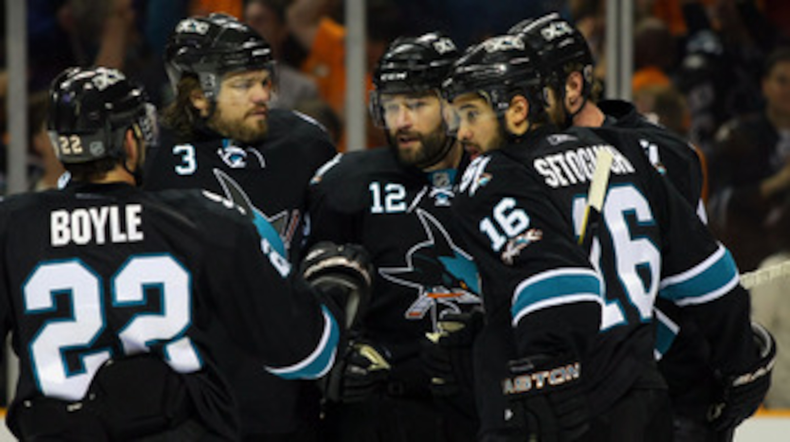 SAN JOSE, CA - MAY 20:  (L-R) Dan Boyle #22, Douglas Murray #3, Patrick Marleau #12, Devin Setoguchi #16 and Joe Thornton #19 of the San Jose Sharks celebrate Marleau's first of two first period goals in Game Three of the Western Conference Finals against