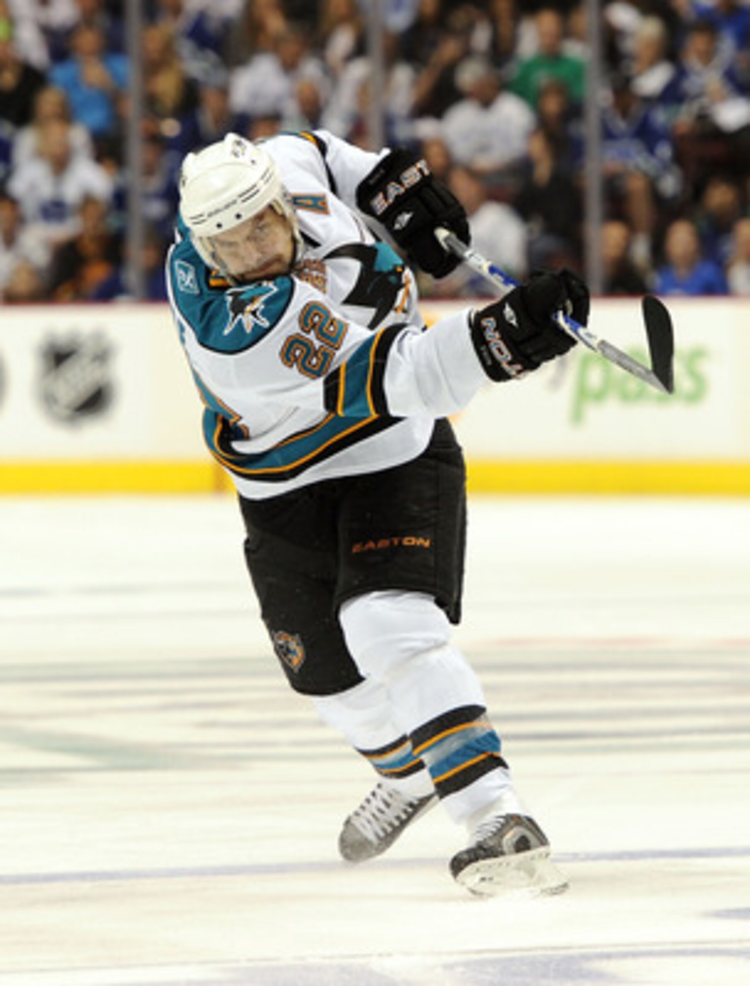 VANCOUVER, CANADA - MAY 18:  Dan Boyle #22 of the San Jose Sharks follows through on his shot from the point in Game Two of the Western Conference Finals against the Vancouver Canucks during the 2011 Stanley Cup Playoffs at Rogers Arena on May 18, 2011 in