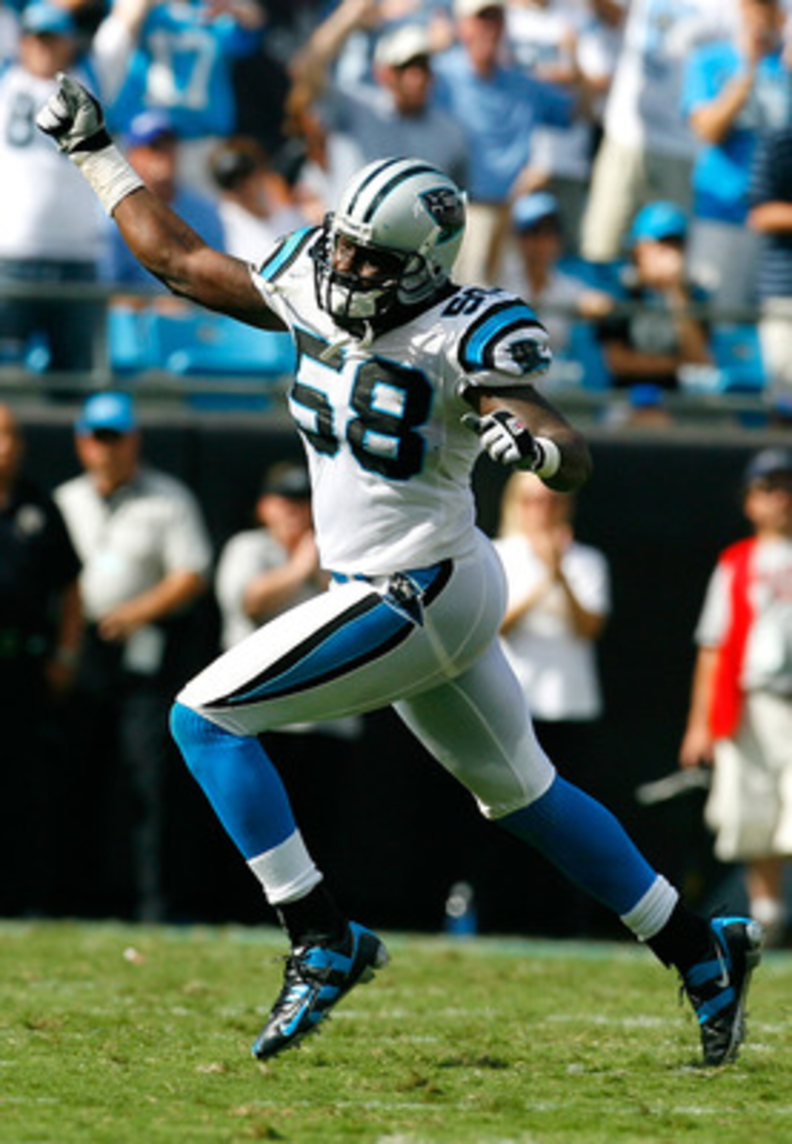 CHARLOTTE, NC - SEPTEMBER 14: Linebacker Thomas Davis #58 of the Carolina Panthers celebrates a fourth down stop in the final minutes of their 20-17 win over the Chicago Bears at Bank of America Stadium on September 14, 2008 in Charlotte, North Carolina. CHARLOTTE, NC - SEPTEMBER 14: Linebacker Thomas Davis #58 of the Carolina Panthers celebrates a fourth down stop in the final minutes of their 20-17 win over the Chicago Bears at Bank of America Stadium on September 14, 2008 in Charlotte, North Carolina.