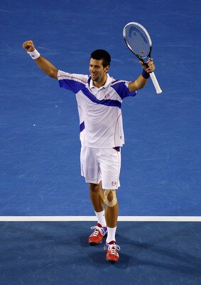 MELBOURNE, AUSTRALIA - JANUARY 30:  Novak Djokovic of Serbia celebrates championship point in his men's final match against Andy Murray of Great Britain during day fourteen of the 2011 Australian Open at Melbourne Park on January 30, 2011 in Melbourne, Au